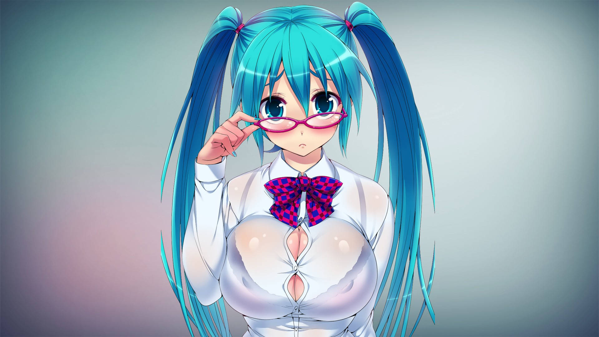 Hatsune Miku 桌布 壁紙 — 動畫女孩，紮著藍綠色雙辮，戴著粉紅色眼鏡，在柔和漸變背景前調整眼鏡。