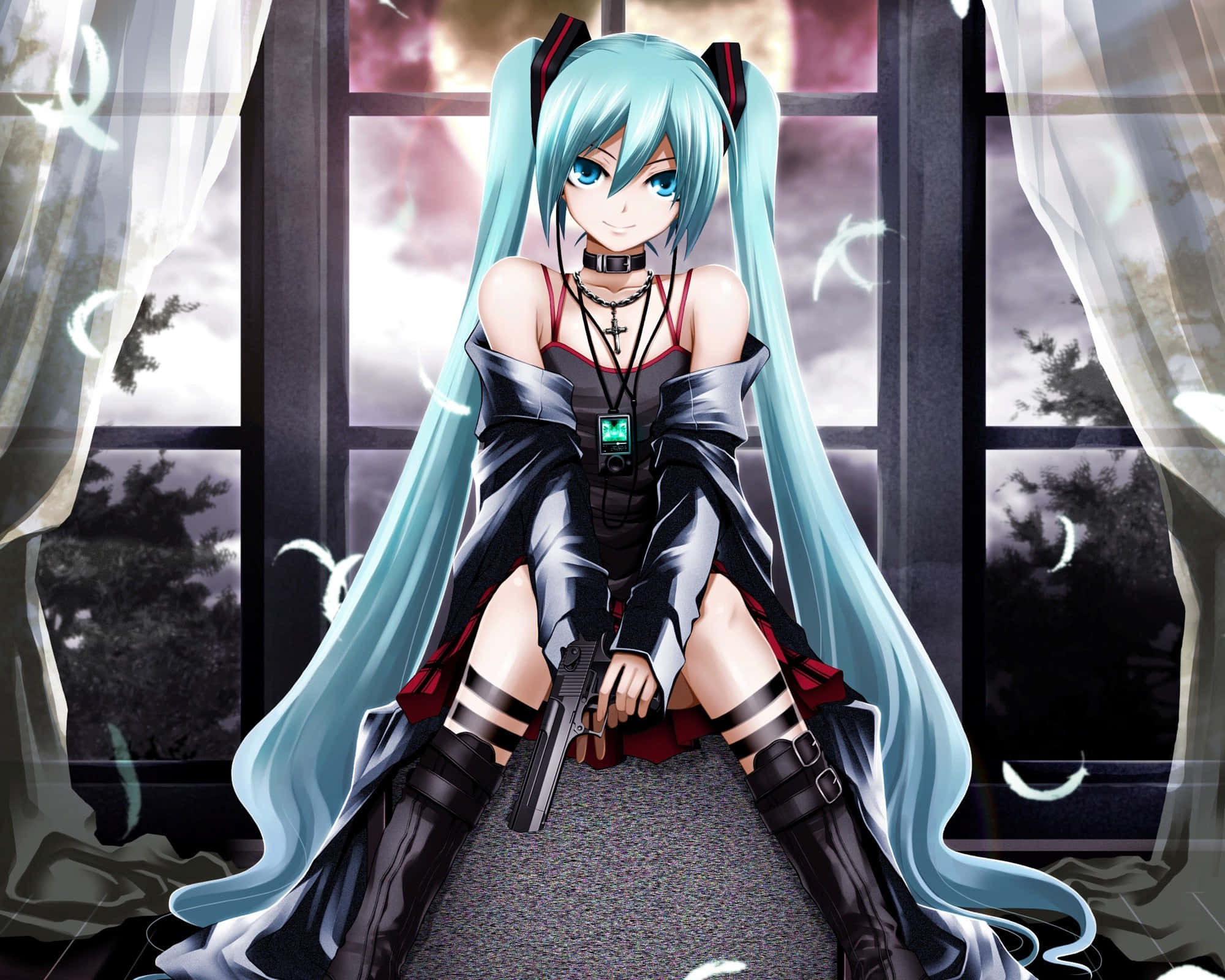 初音未來 桌布 壁紙 — 動畫女孩，藍綠色雙馬尾，身穿暗黑哥德服裝，坐在窗邊持槍。