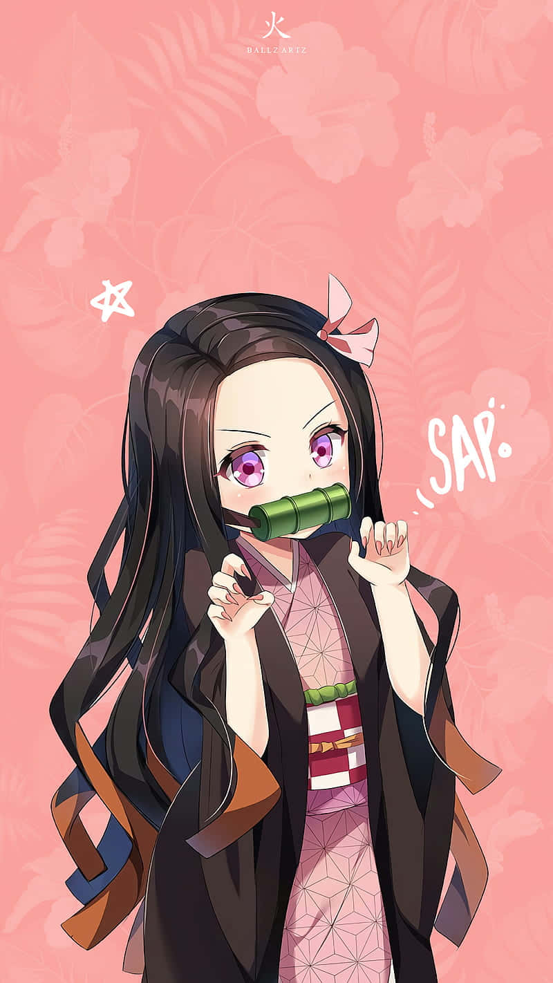 動漫女孩 桌布 壁紙 — 動畫女孩，長著深色長髮和紫色眼睛，在柔和的粉紅色花卉背景前，將竹管放在嘴邊。