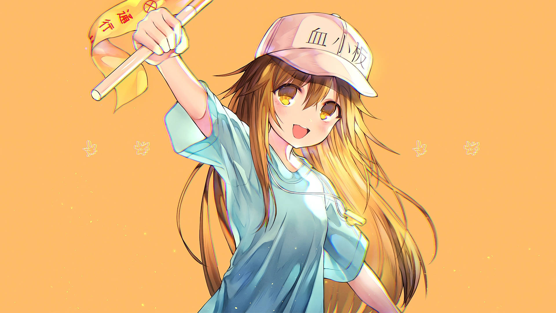 Work 桌布 壁紙 — 動畫女孩，長長的棕色頭髮和黃色眼睛，揮動黃色旗幟，戴著粉紅色帽子和藍色襯衫，背景是溫暖的橙色。