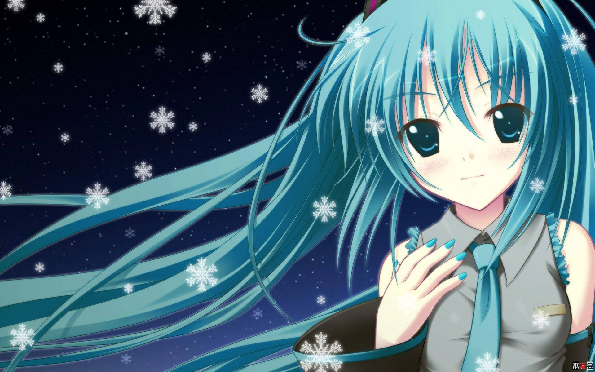 Cute Anime Girl 桌布 壁紙 — 動畫女孩，長長的青色頭髮，雪花在繁星點點的夜空飄浮。