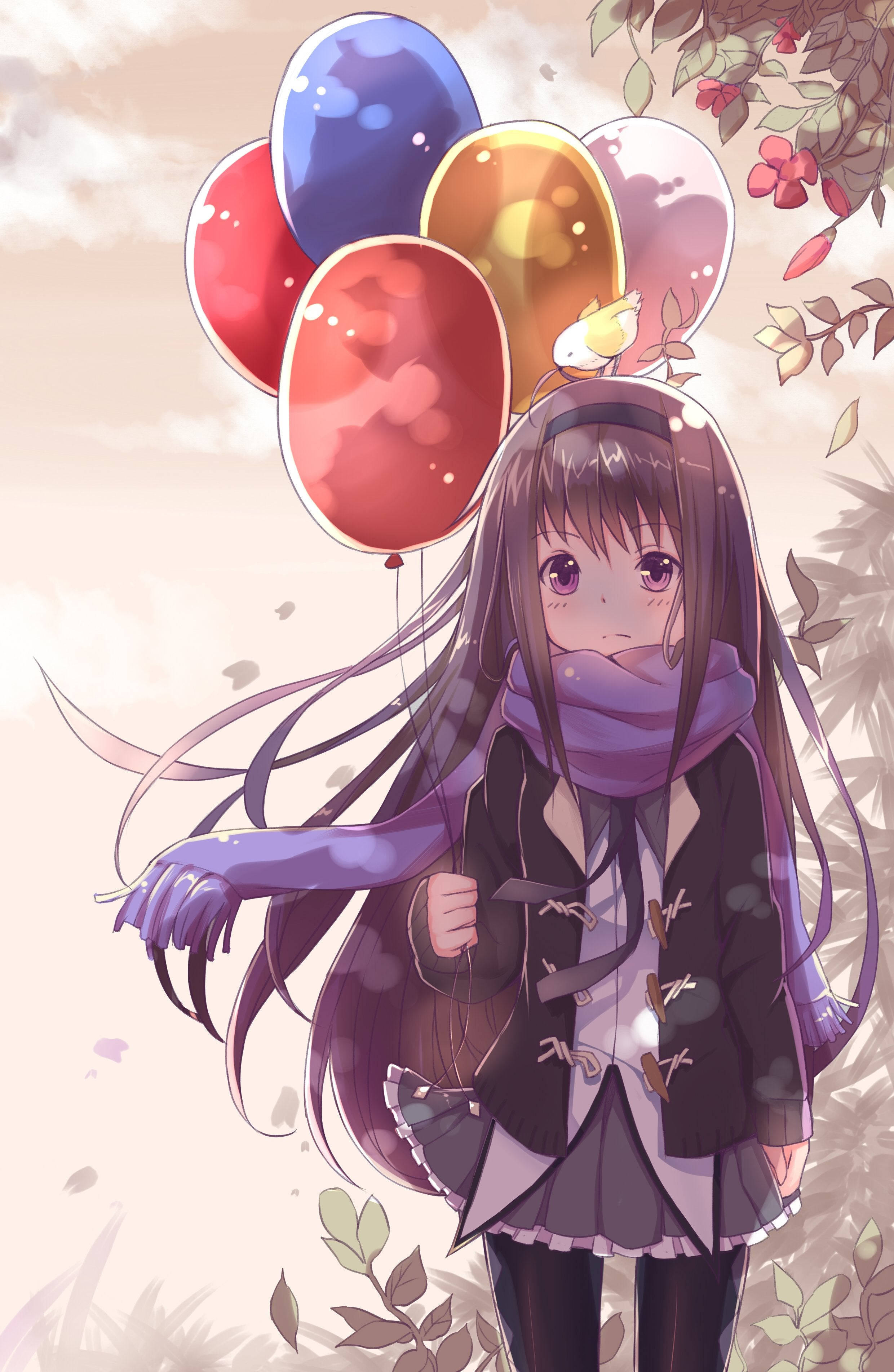 Madoka 桌布 壁紙 — 動畫女孩，長長的黑髮和紫色圍巾，在柔和的秋葉下拿著彩色氣球。