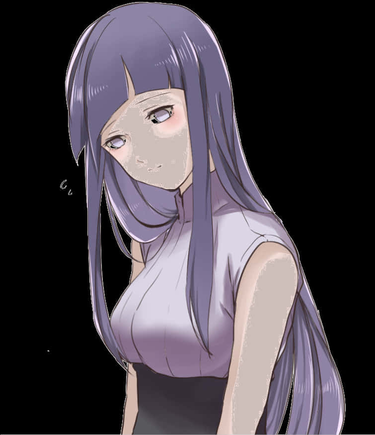 動漫 桌布 壁紙 — 動畫女孩，長長紫色頭髮，溫柔眼神，穿著無袖上衣，黑色背景。