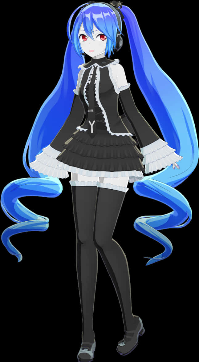 Vocaloid 桌布 壁紙 — 動畫女孩，長長藍色雙馬尾，戴耳機，穿著黑白女僕裝，黑色背景。