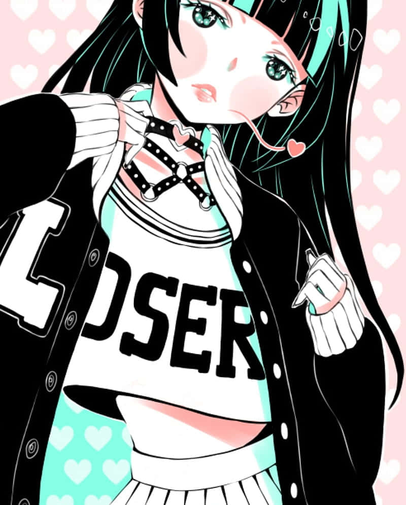 Cute Gothic 桌布 壁紙 — 動畫女孩，青綠色頭髮，心形裝飾，穿著'CLOSER'短上衣，背景為粉紅色心形。