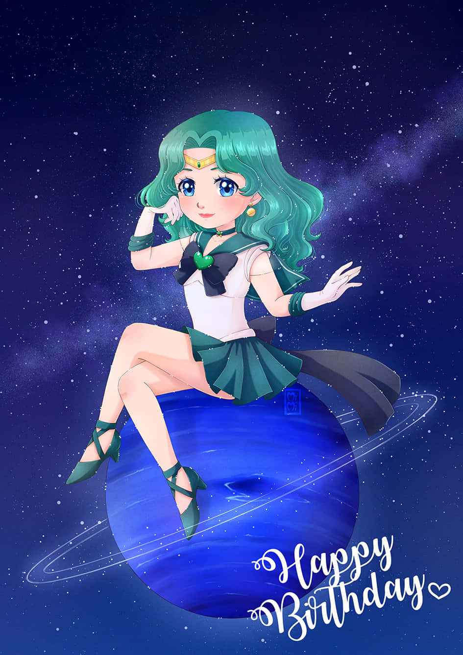 sailor neptune 桌布 壁紙 — 動畫女孩，青綠色頭髮，水手服，優雅地坐在藍色星球上，背景是星空夜空，帶有「Happy Birthday」文字。