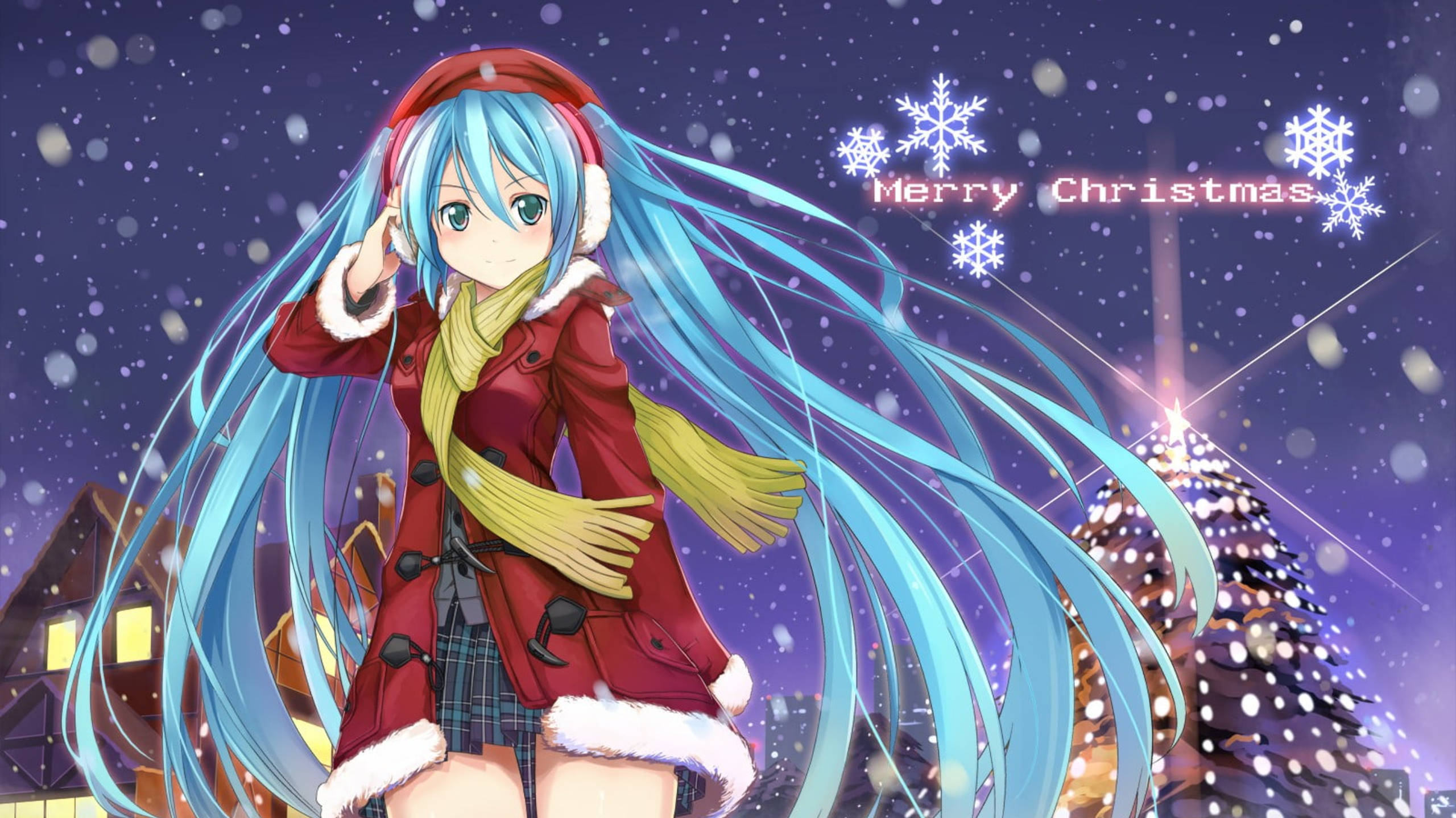 Anime Christmas 桌布 壁紙 — 動畫女孩，青綠色頭髮，穿著紅色冬季外套，站在星空下積雪的聖誕樹前。