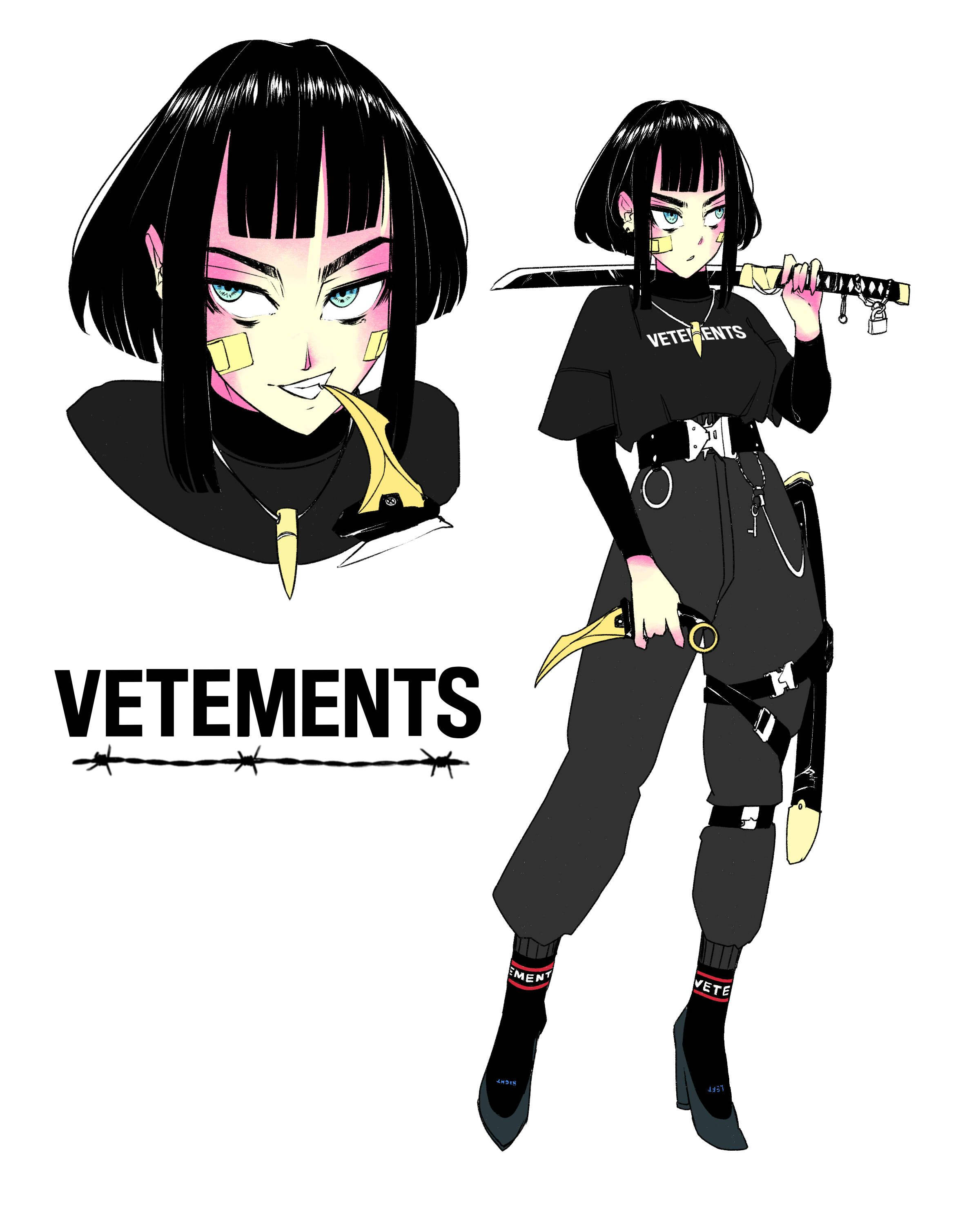 Vetements 桌布 壁紙 — 動畫女孩，黑色鮑伯頭，粉紅色臉部彩繪，手持武士刀，身穿Vetements品牌服裝。