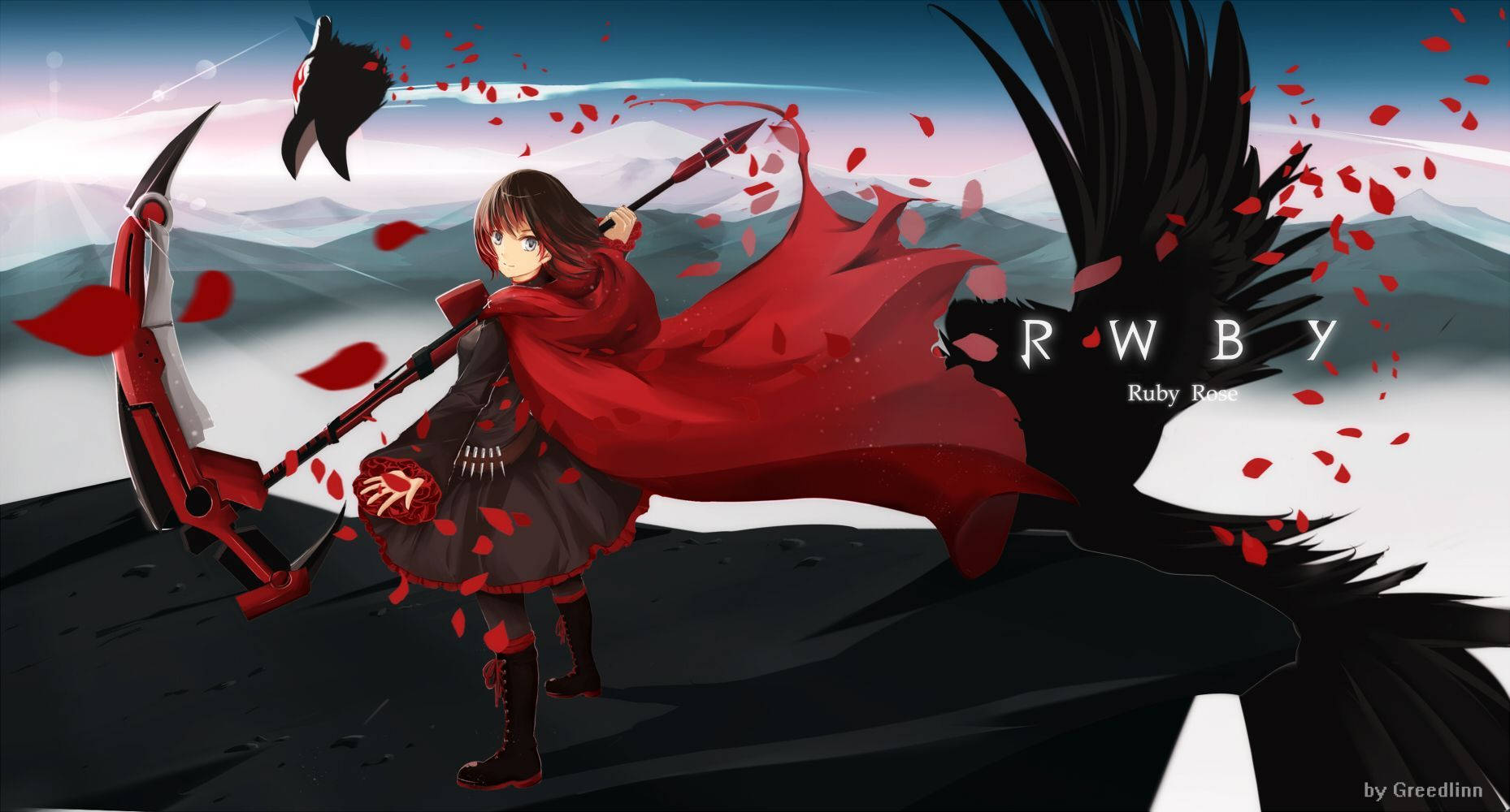 Rwby 桌布 壁紙 — 動畫女孩Ruby Rose在群山暮色天空下，於飄落的紅色花瓣中揮舞鐮刀。