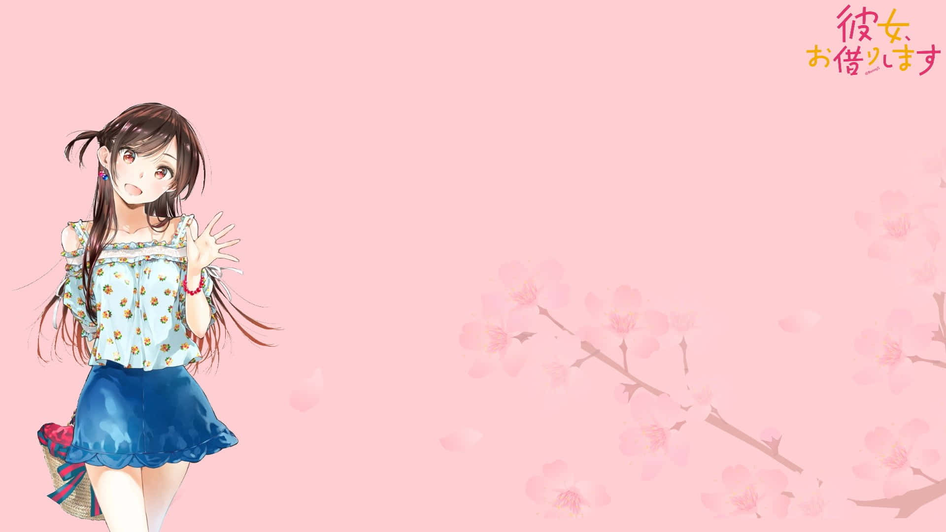 女孩 桌布 壁紙 — 動畫女孩在櫻花旁對著柔和的粉紅色背景愉快地揮手。