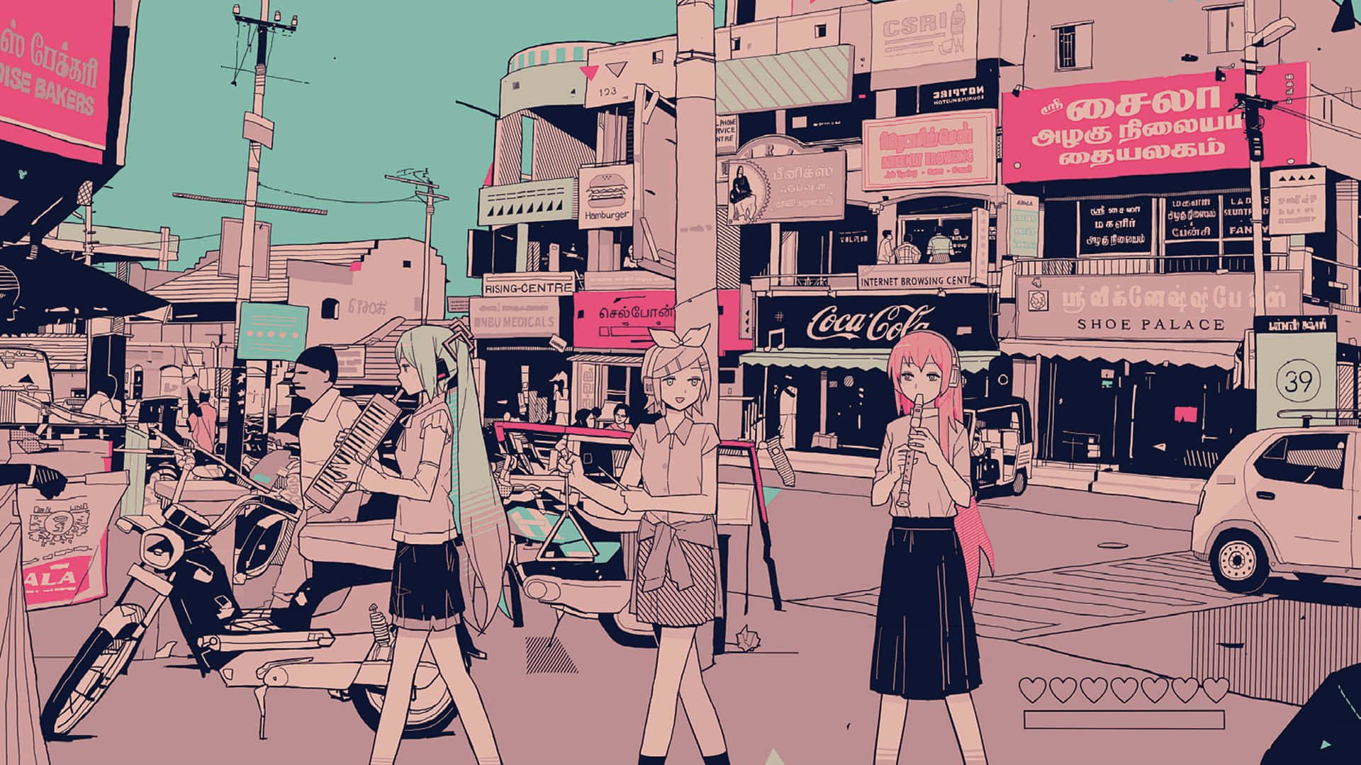 桌布 壁紙 — 動畫女孩在熱鬧的城市街道上漫步，街道兩旁掛滿了色彩繽紛的招牌，停著機車，天空是藍綠色的。