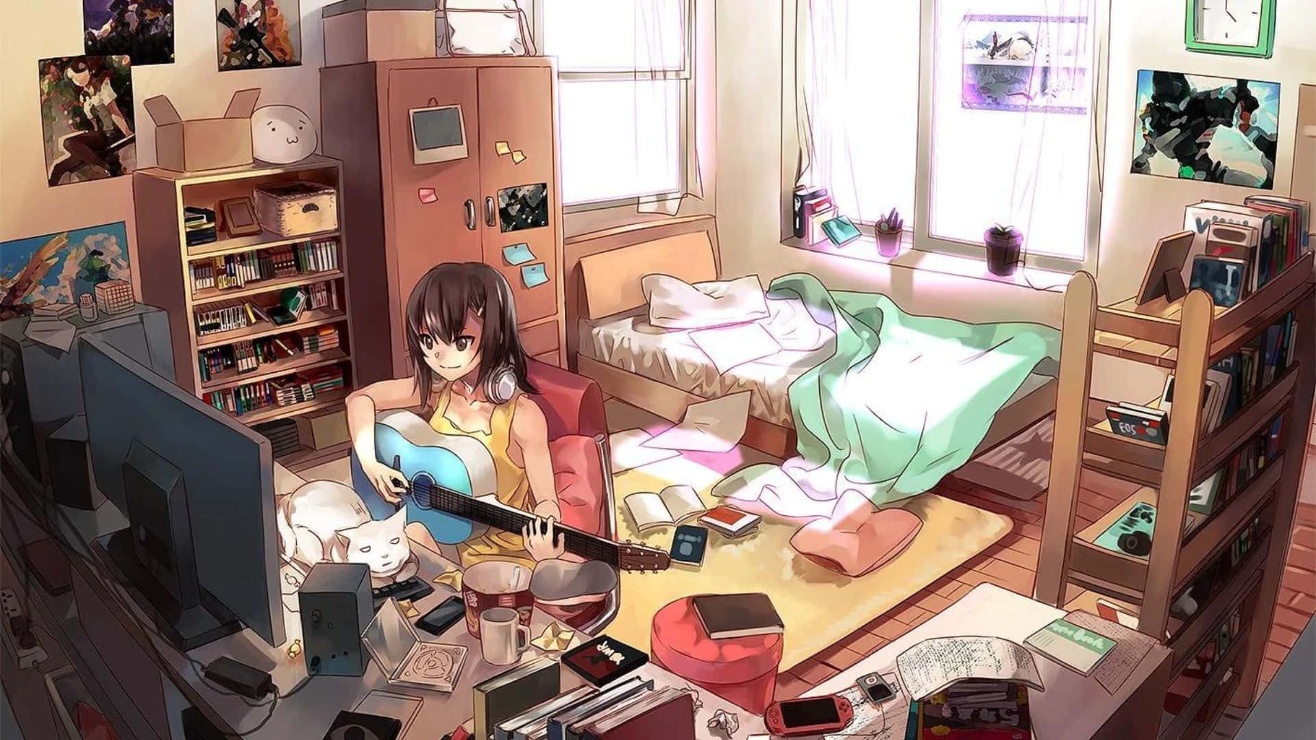Aesthetic Anime Bedroom 桌布 壁紙 — 動畫女孩在雜亂且陽光充足的臥室裡彈吉他，牆上有貓和 posters。