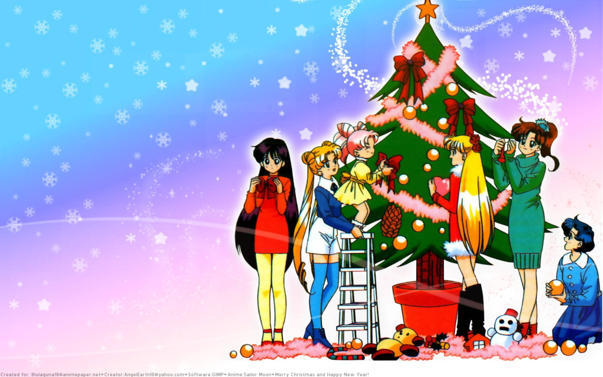 動漫聖誕 桌布 壁紙 — 動畫女孩在雪夜星空下用裝飾品和蝴蝶結裝飾聖誕樹。