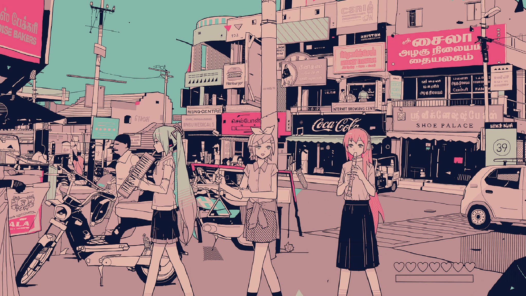 粉色動漫美學 桌布 壁紙 — 動畫女孩在青綠色的天空下，漫步在色彩繽紛的招牌和停放的滑板車林立的繁華城市街道上。