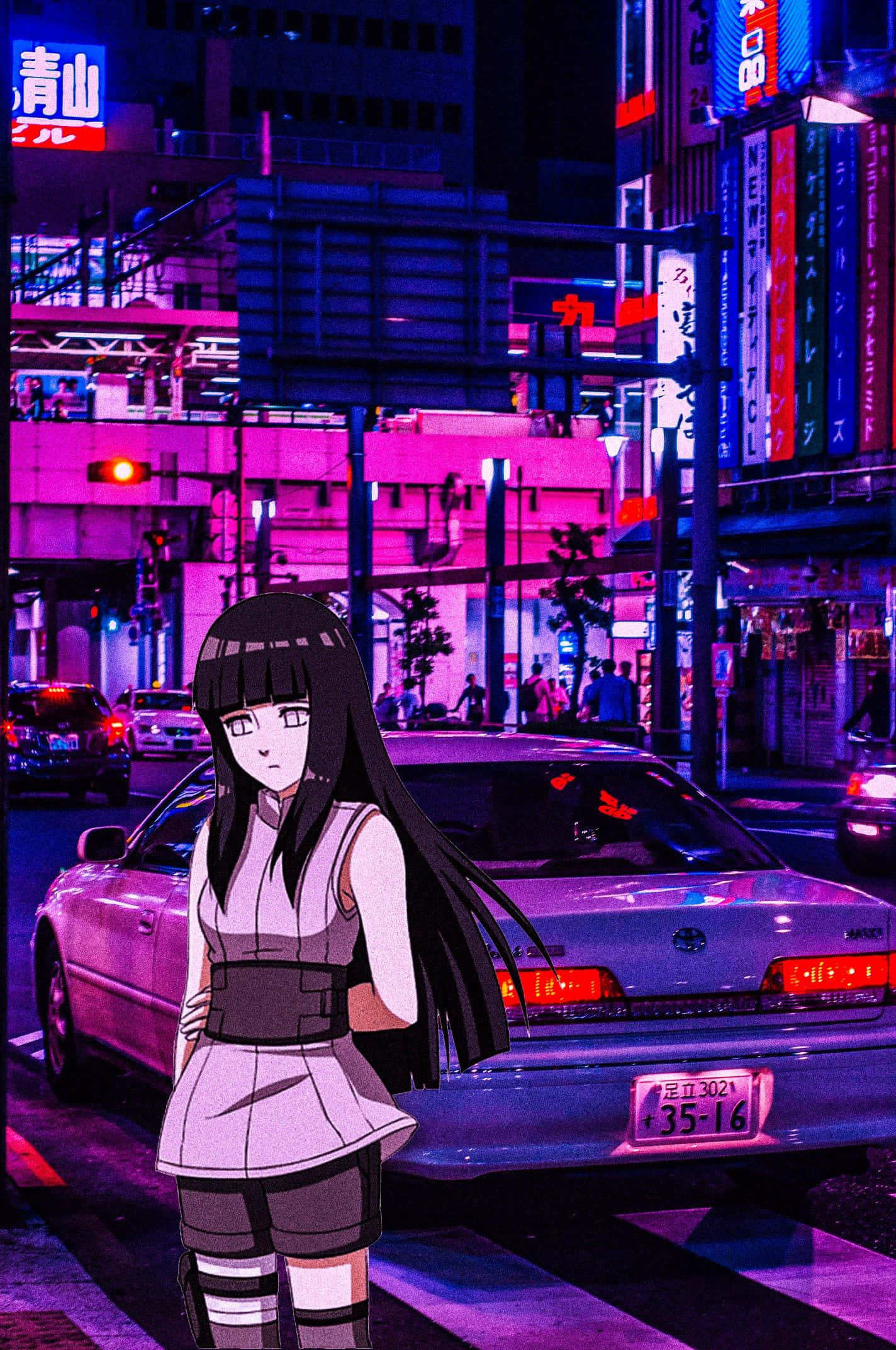 桌布 壁紙 — 動畫女孩夜晚站在霓虹燈閃爍的東京街頭，周圍是發光的招牌和汽車。