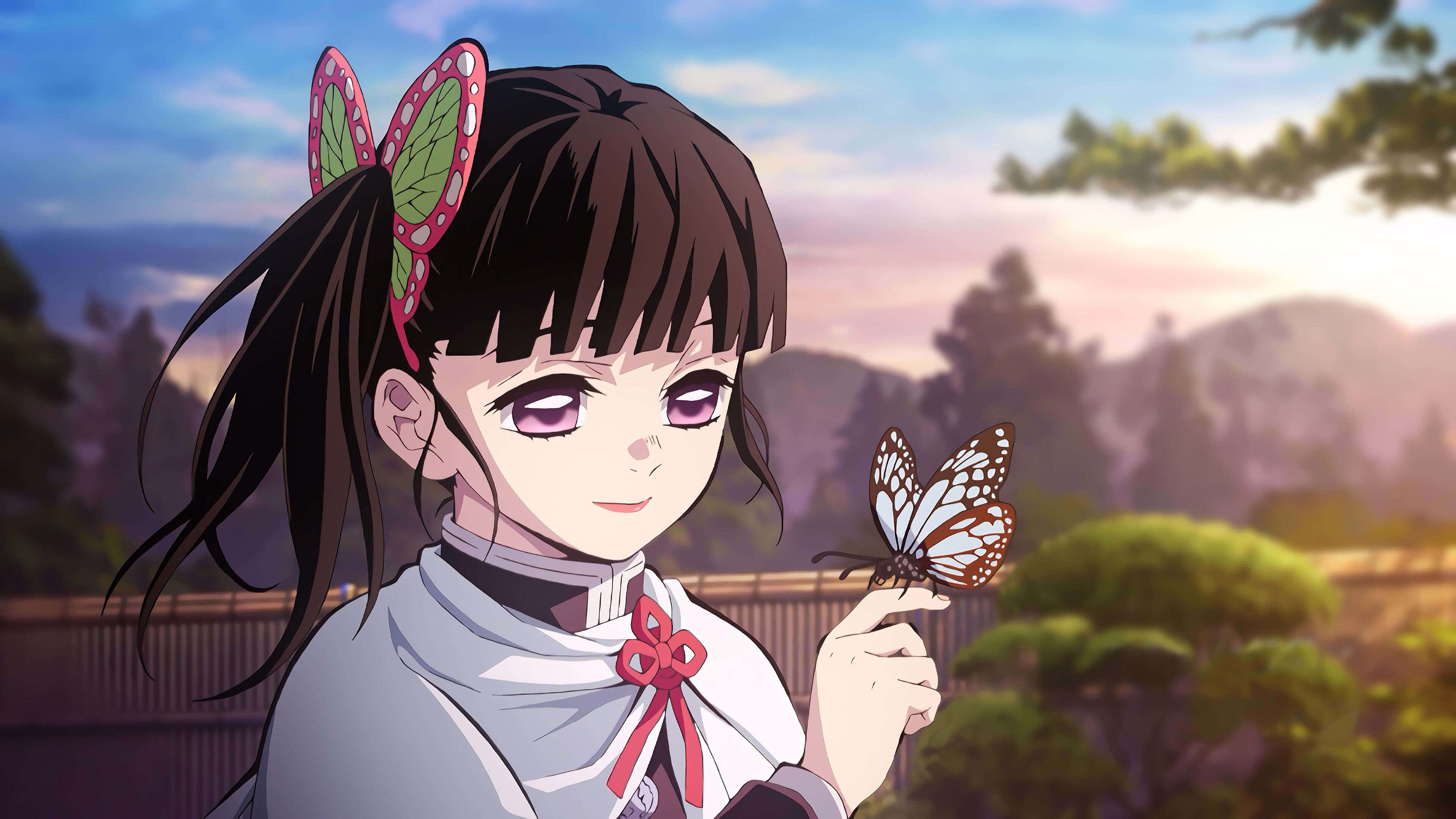 鬼滅之刃 桌布 壁紙 — 動畫女孩戴著蝴蝶髮夾，在柔和的日落背景下輕輕捧著一隻帝王蝶。