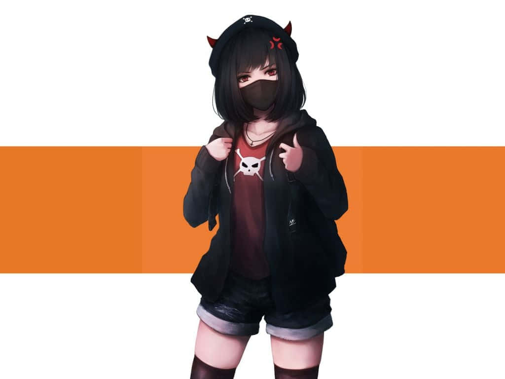 Devil Horns 桌布 壁紙 — 動畫女孩戴著黑色惡魔角和面具，在橙色和白色條紋背景下自信地擺姿勢。