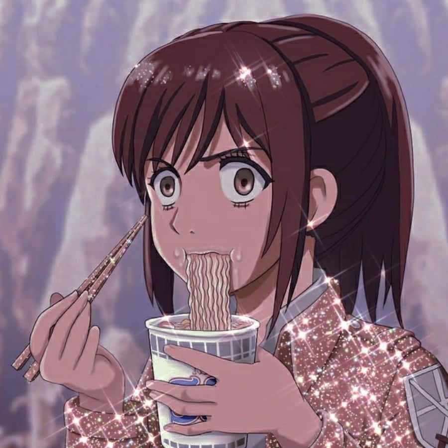 動漫頭像 桌布 壁紙 — 動畫女孩棕色頭髮用筷子吃拉麵，閃閃發光的亮片圍繞著她。