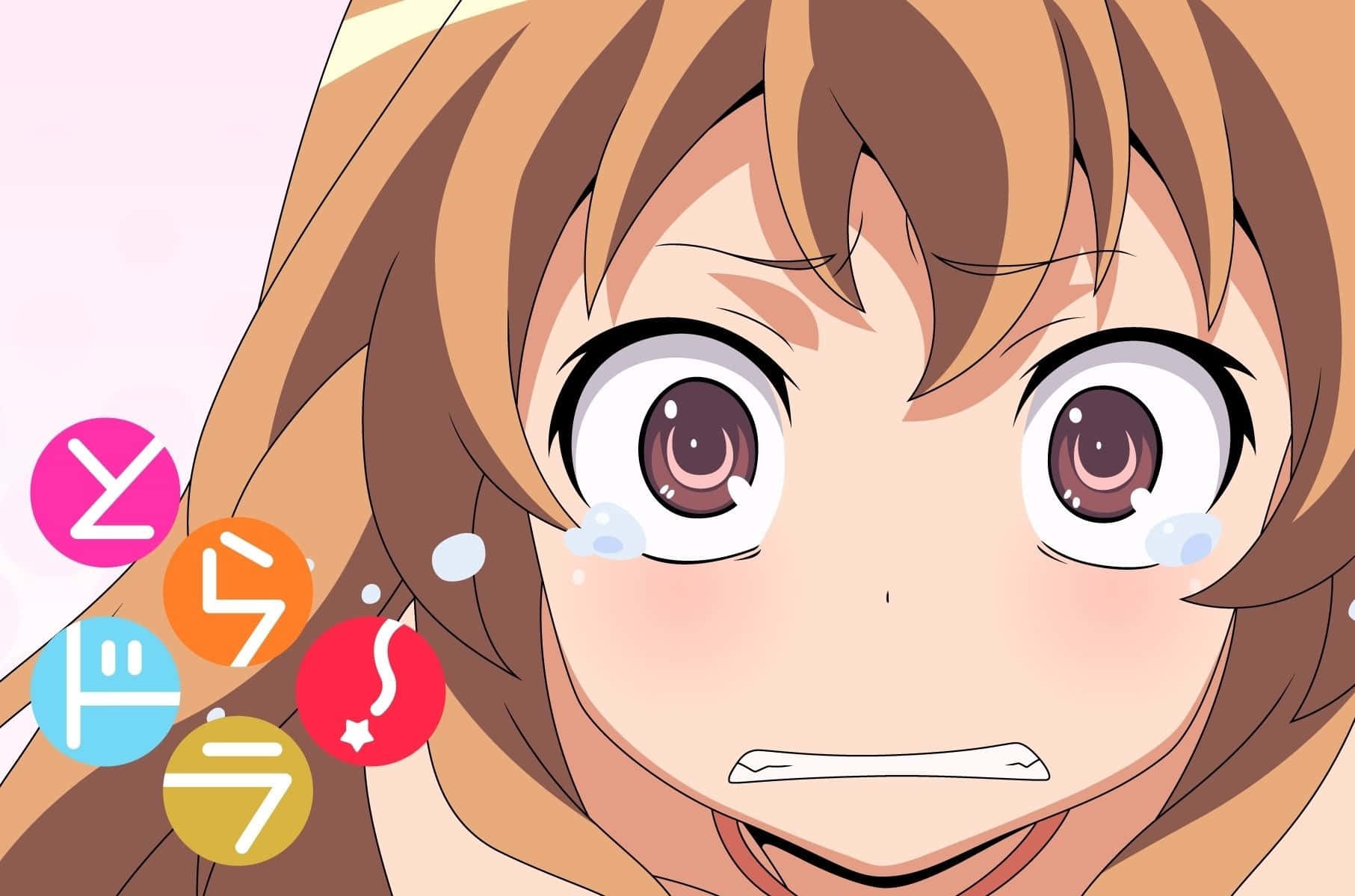 Toradora 桌布 壁紙 — 動畫女孩的特寫，睜大眼睛震驚的表情和汗珠，臉旁有彩色對話框。