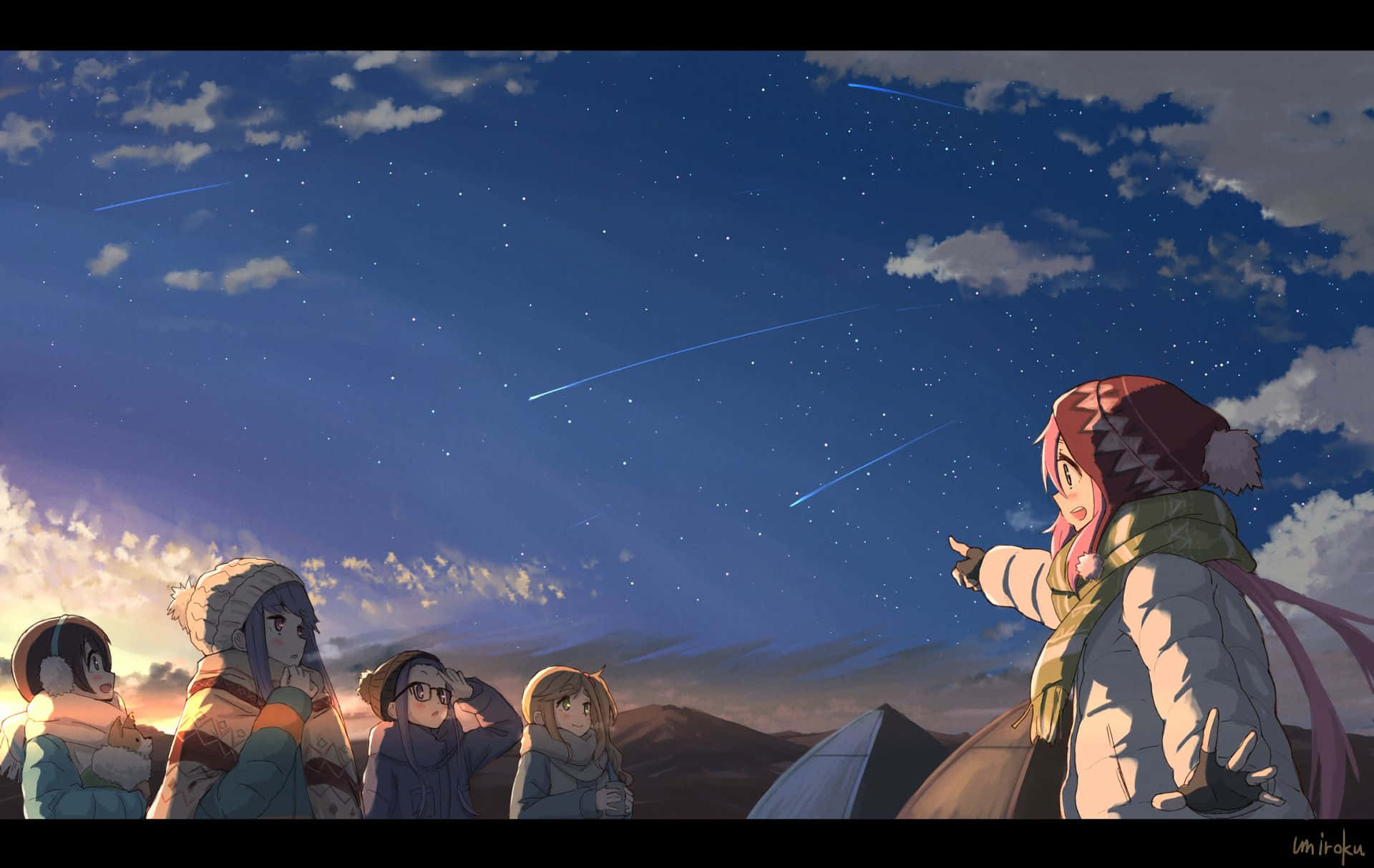 Camp 桌布 壁紙 — 動畫女孩穿著冬季裝備仰望星空，星空中有流星和柔軟的雲朵。