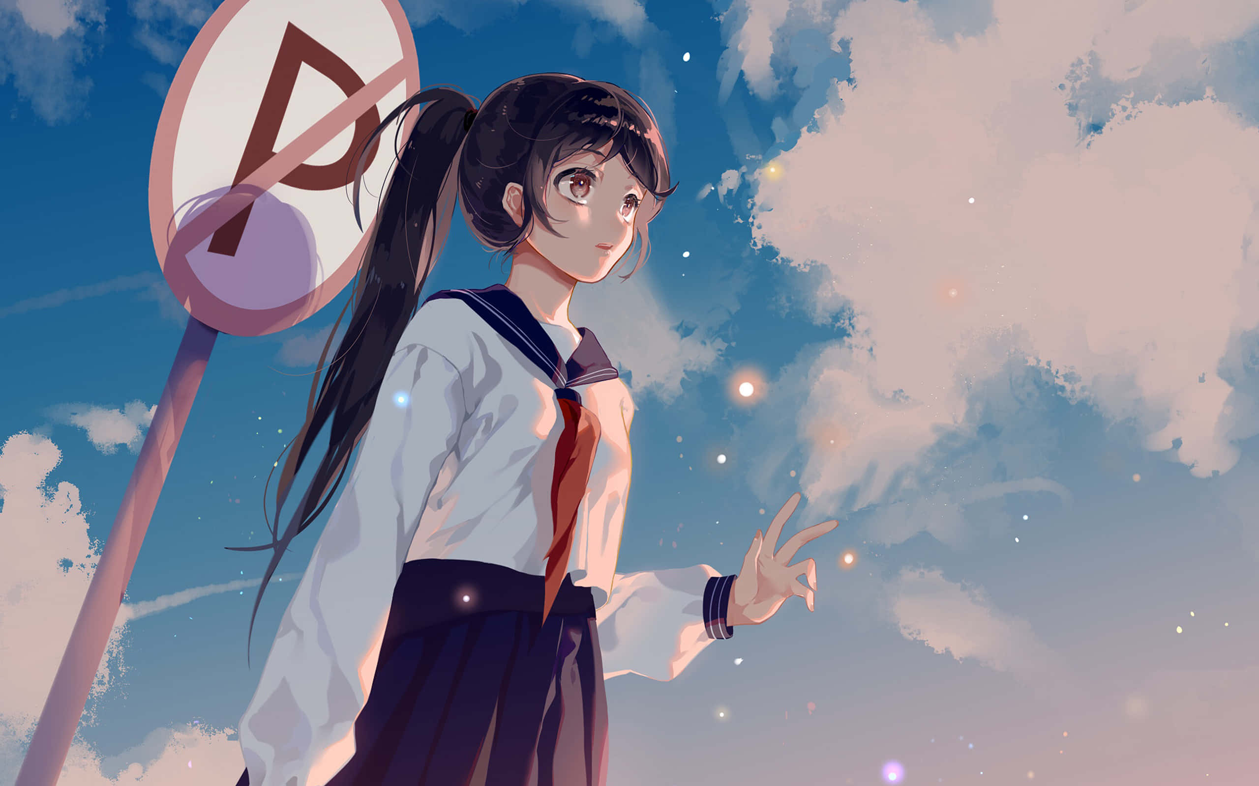 Anime Sky 桌布 壁紙 — 動畫女孩穿著校服站在禁止停車標誌旁，背景是星光閃爍的暮色天空，帶有發光粒子。