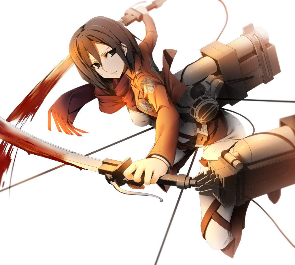 Mikasa Ackerman 桌布 壁紙 — 動畫女孩穿著橙色制服，在純白背景上使用機動裝置揮劍。