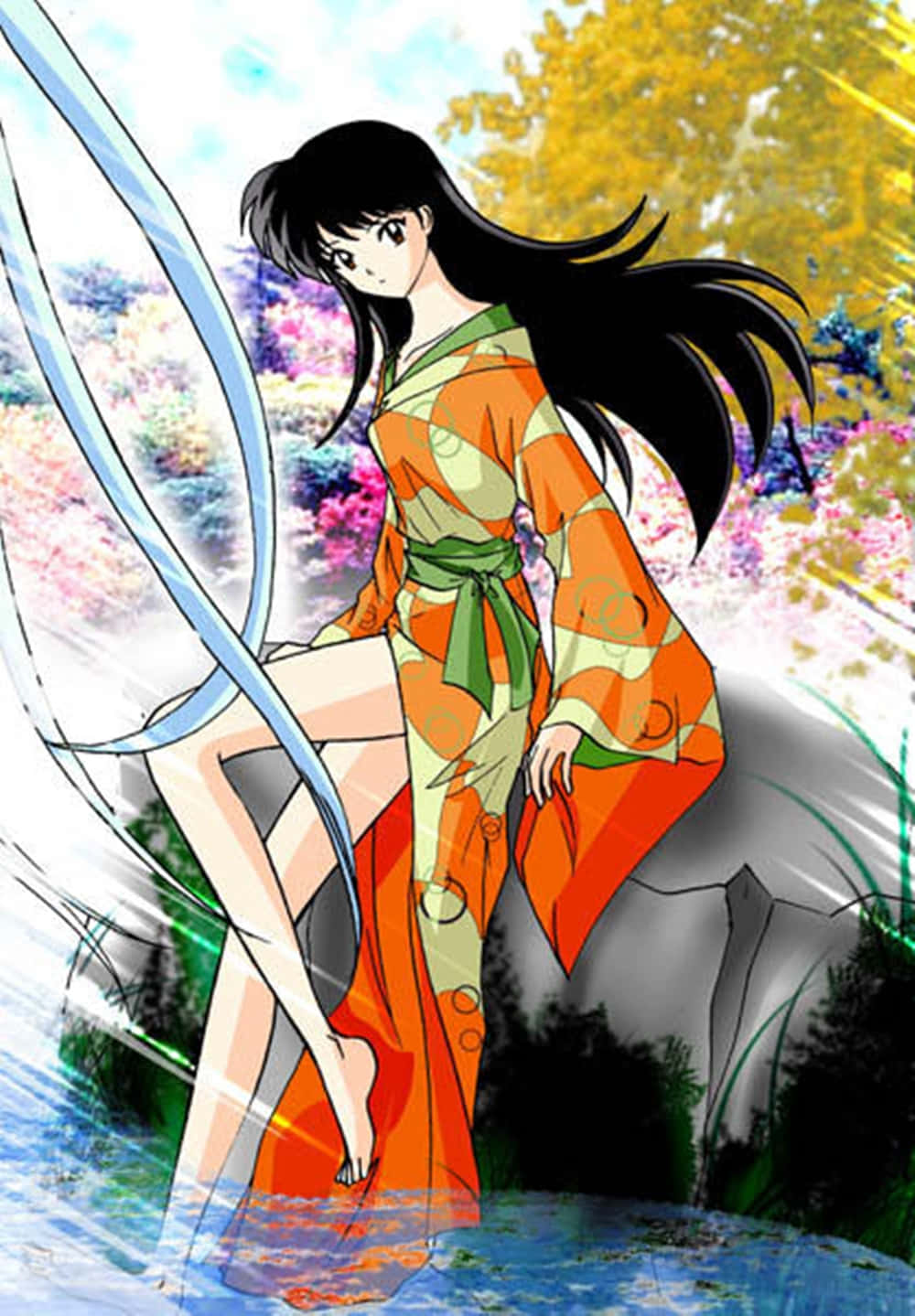 Inuyasha Rin 桌布 壁紙 — 動畫女孩穿著橙色和服，赤腳站在水中，在色彩繽紛的櫻花中手持發光的劍。