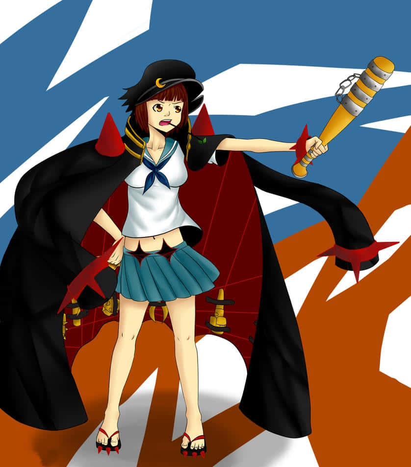Mako Mankanshoku 桌布 壁紙 — 動畫女孩穿著水手服和黑色斗篷，在鮮明的藍橙色幾何背景前揮舞著帶刺的球棒。