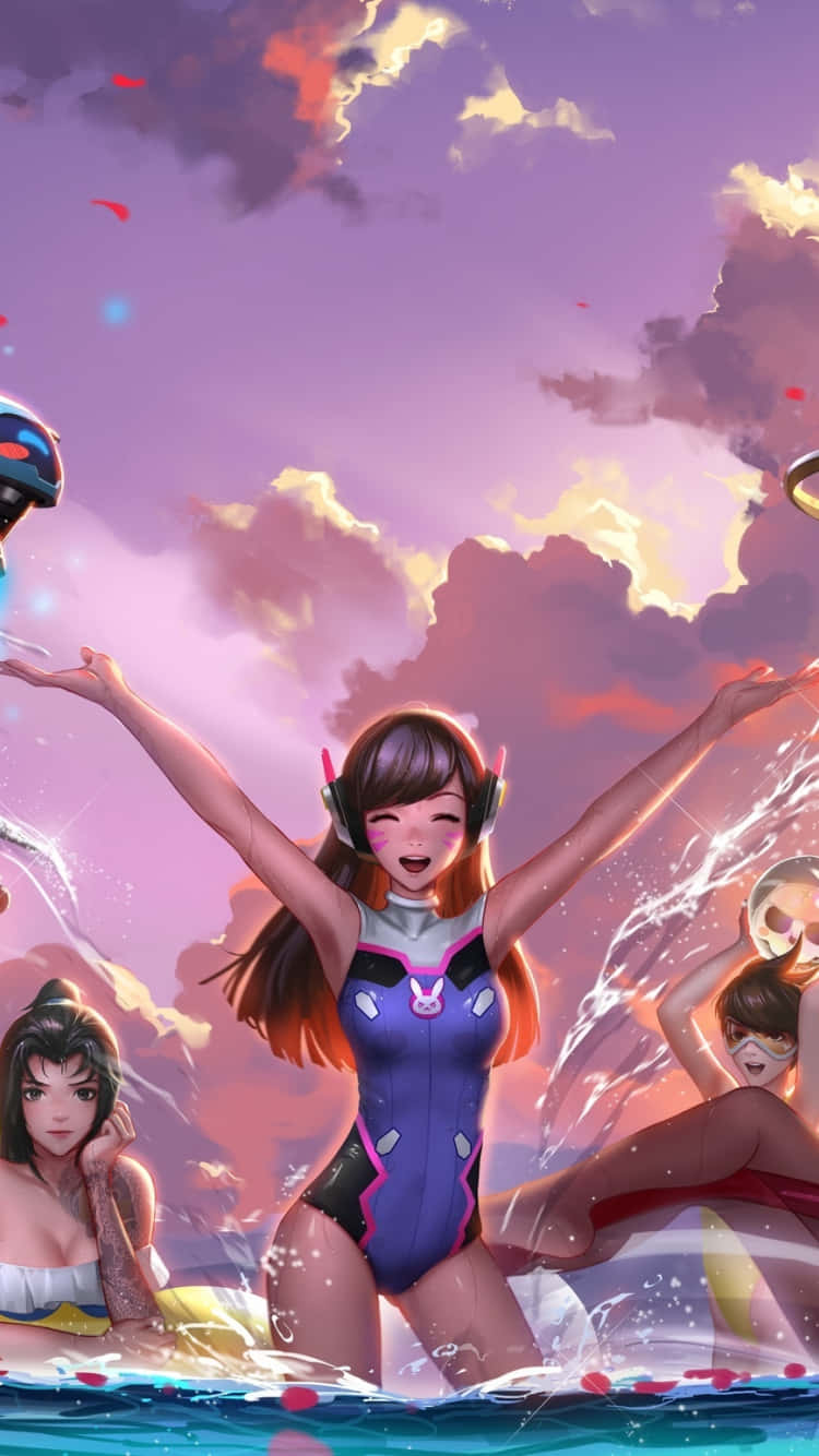 Overwatch 桌布 壁紙 — 動畫女孩穿著泳衣在充滿活力的紫色日落天空下，在海洋波浪中歡樂地嬉水。