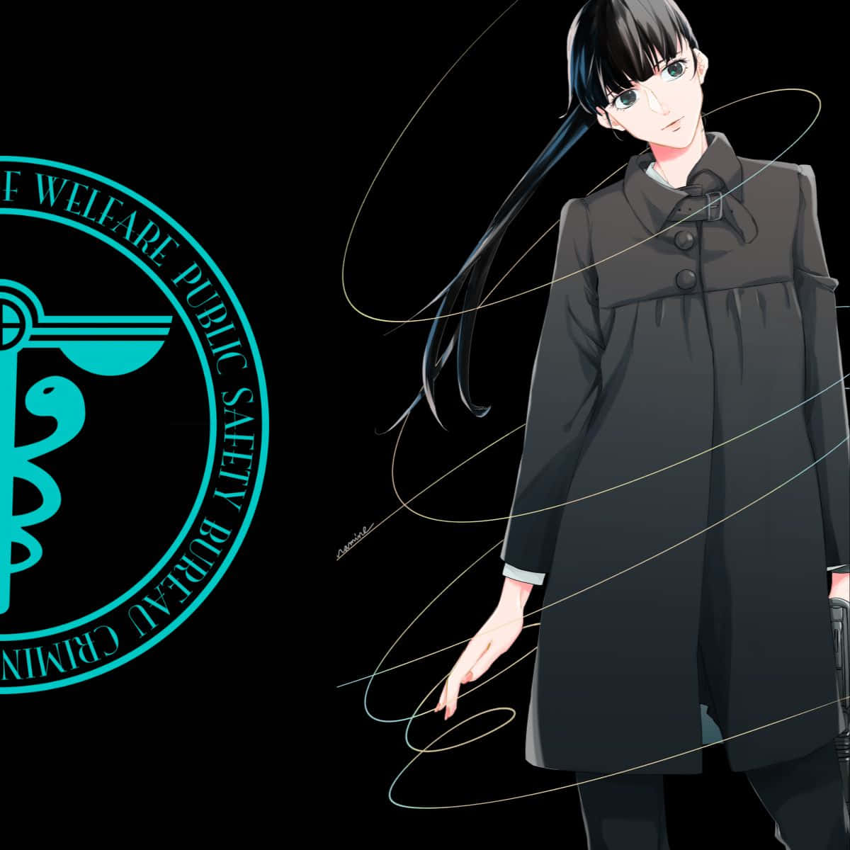 Yayoi Kunizuka 桌布 壁紙 — 動畫女孩穿著深色外套，站在黑色背景前發光的青綠色犯罪公共安全局標誌旁邊。
