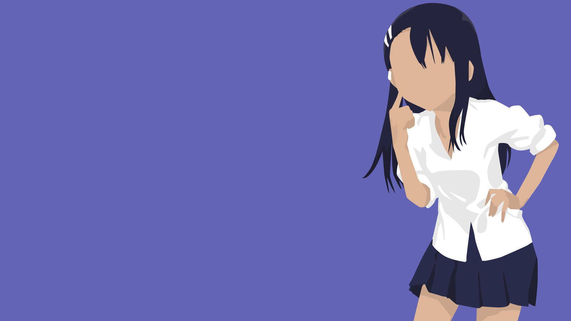 Nagatoro 桌布 壁紙 — 動畫女孩穿著白襯衫和深色裙子，在純紫色背景前若有所思地站著。