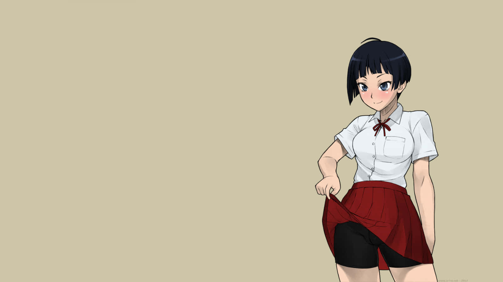 Tomboy Girl 桌布 壁紙 — 動畫女孩穿著白襯衫和紅裙，在米色背景上頑皮地掀起裙子。