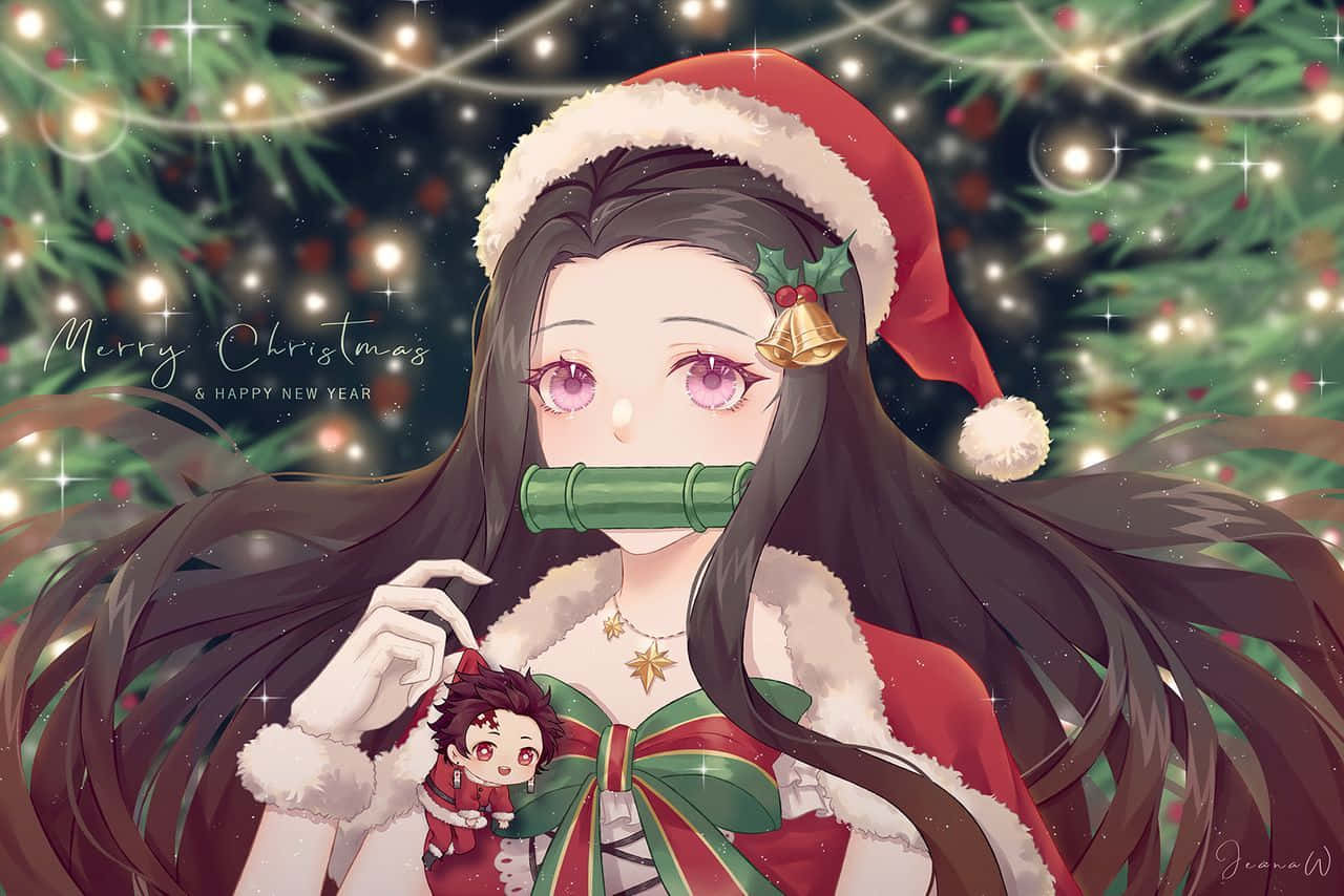 動漫聖誕 桌布 壁紙 — 動畫女孩穿著節日聖誕老人服裝，手持竹笛和小娃娃，背景是閃爍的聖誕樹。