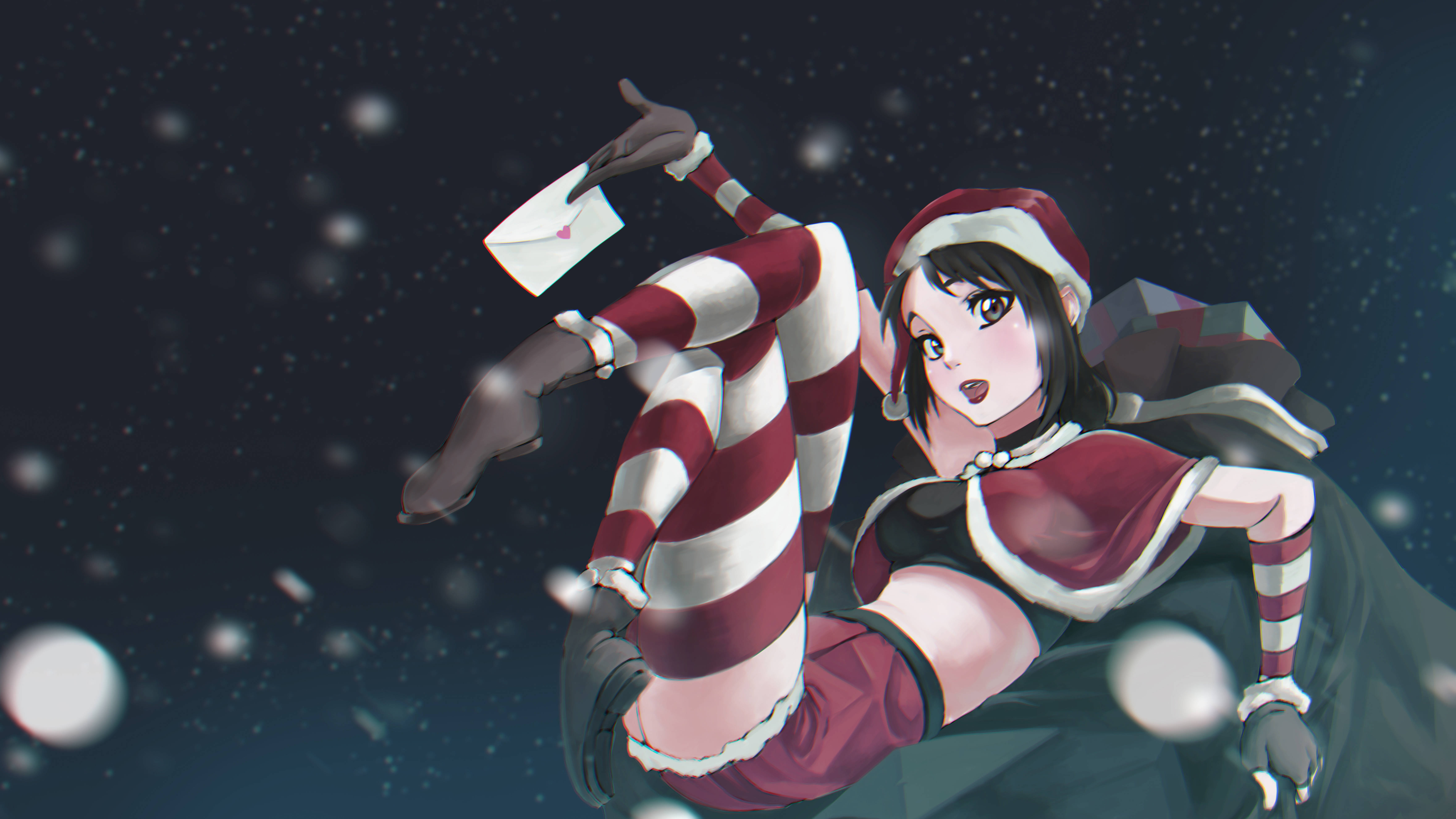 Yandere 桌布 壁紙 — 動畫女孩穿著紅白條紋服裝，在雪夜天空中漂浮，手持一封信。