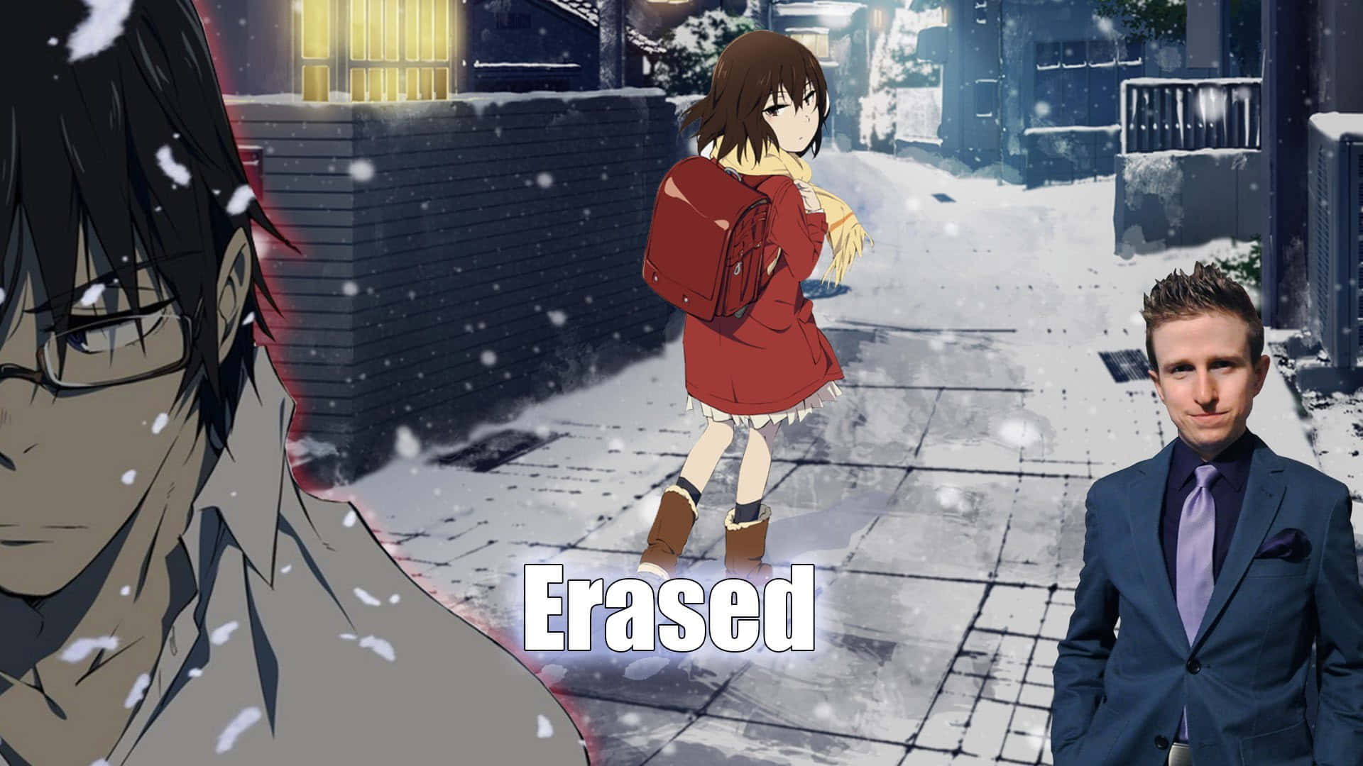 Erased 桌布 壁紙 — 動畫女孩穿著紅色外套在雪街上走，旁邊有動畫男孩和穿西裝的真人男子。