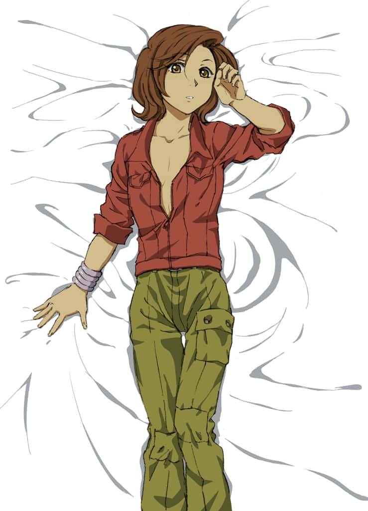 Wolf's Rain Toboe 桌布 壁紙 — 動畫女孩穿著紅色襯衫和綠色褲子，站在旋轉的白色背景前，舉起一隻手。