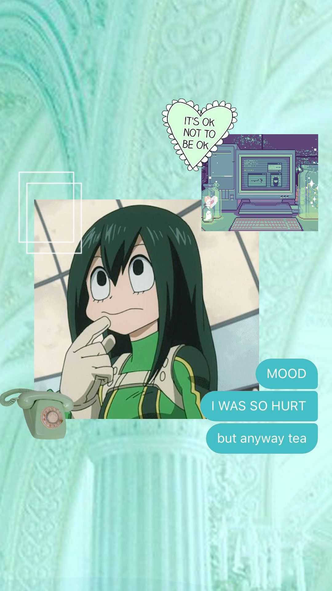 Froppy 桌布 壁紙 — 動畫女孩穿著綠色制服，手指放在嘴唇上思考，背景是薄荷綠色紋理，並有數位心情文字疊加。
