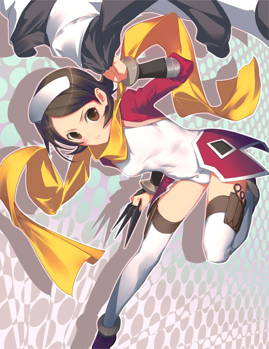 Sayoko Shinozaki 桌布 壁紙 — 動畫女孩穿著護士服，在圖案背景上揮舞劍和剪刀對抗黑暗陰影人物。