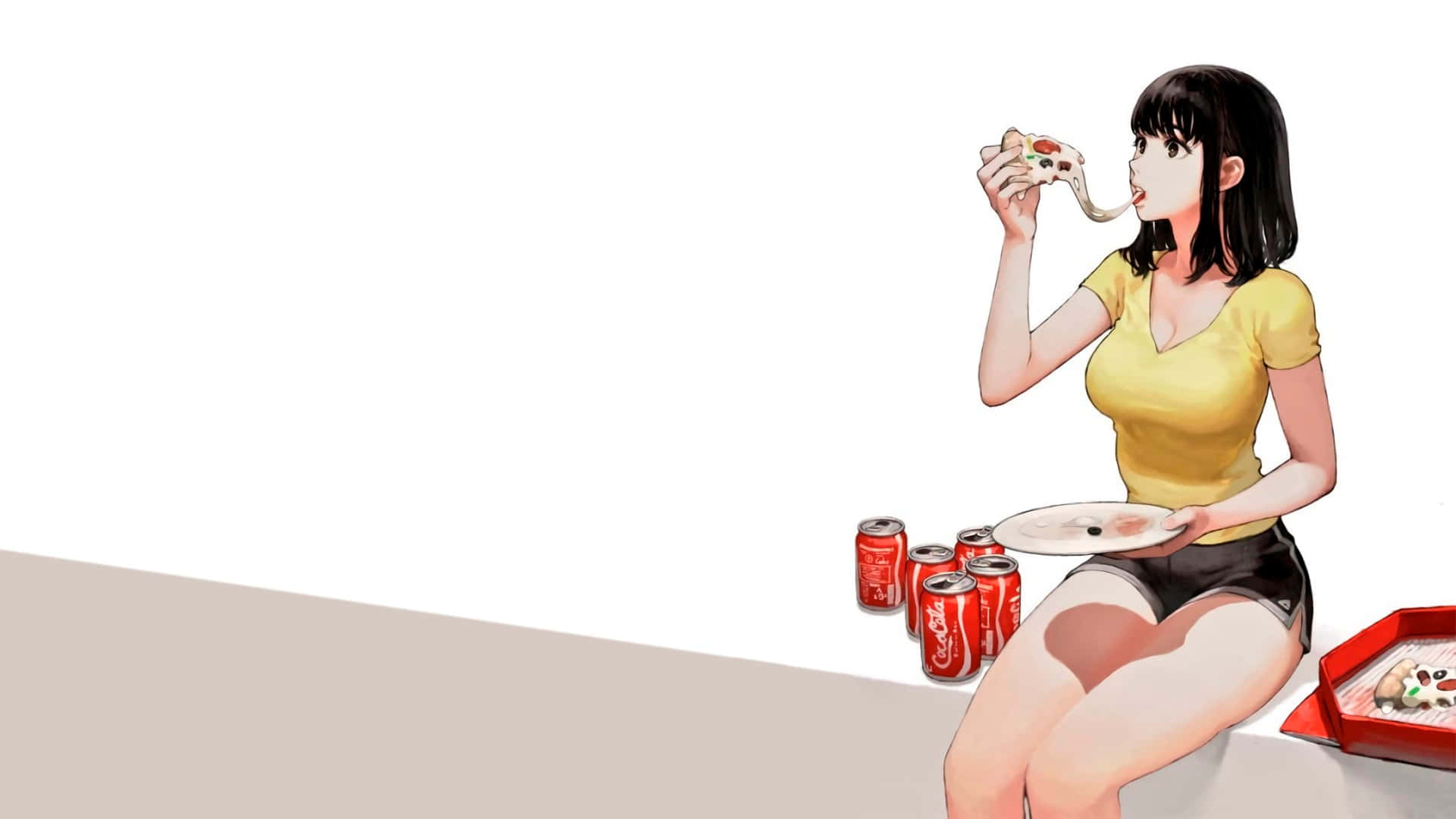 Pizza 桌布 壁紙 — 動畫女孩穿著黃色襯衫，坐在平坦表面上，旁邊有汽水罐，正在吃披薩。