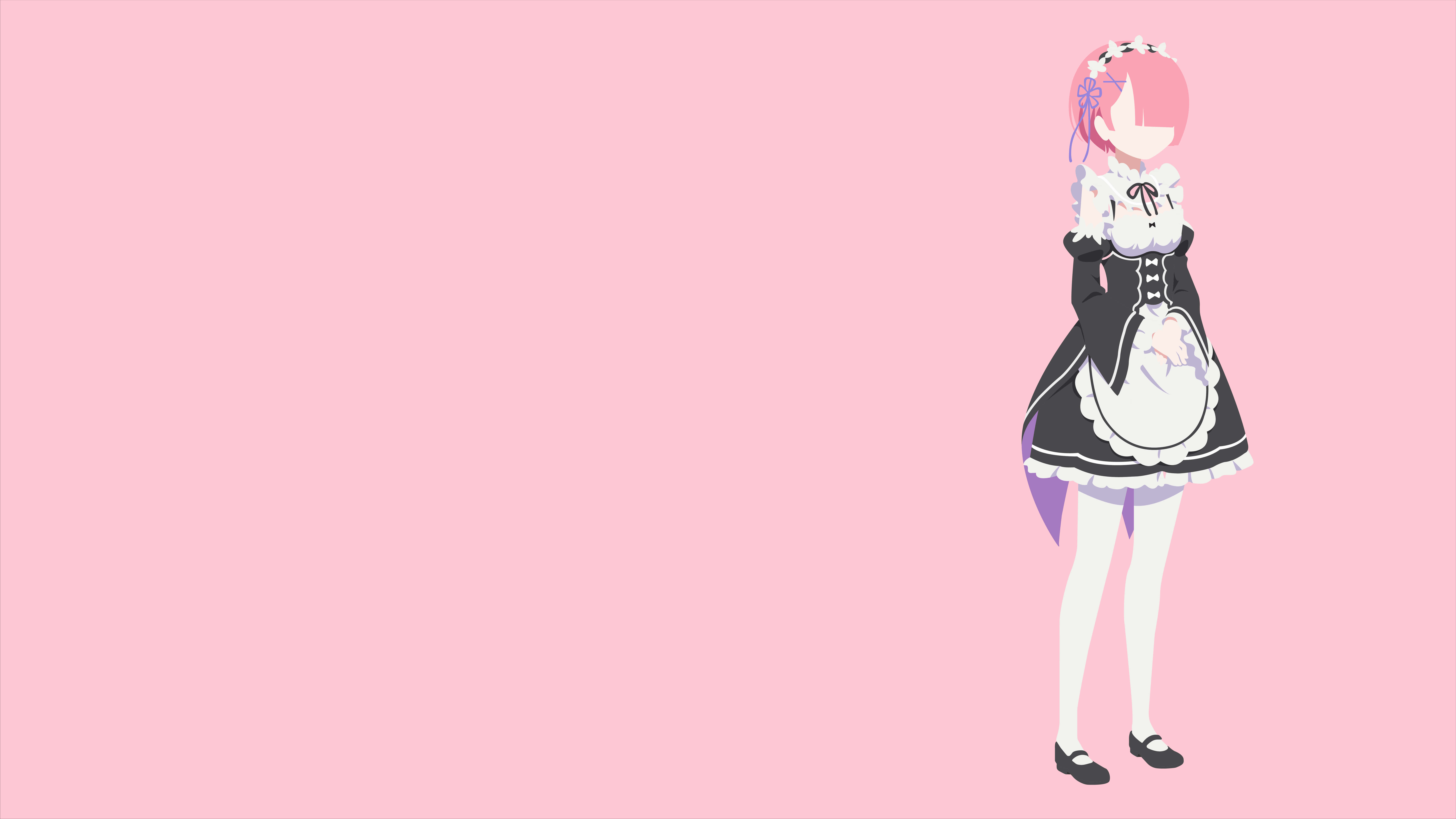 Re Zero Ram 桌布 壁紙 — 動畫女孩穿著黑白女僕裝，獨自站在柔和的粉紅色背景前。