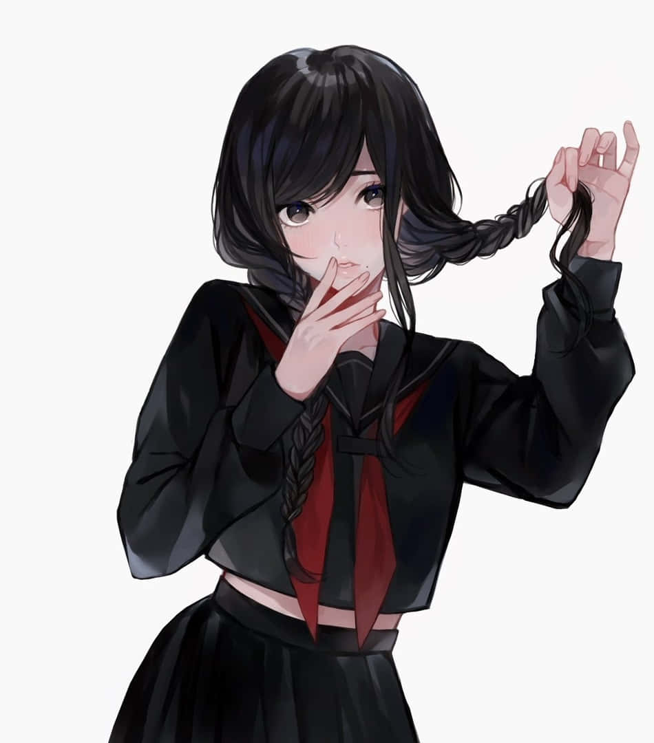 Animated 桌布 壁紙 — 動畫女孩穿著黑色校服配紅色領帶，在純色背景前輕輕觸碰她的辮子頭髮。