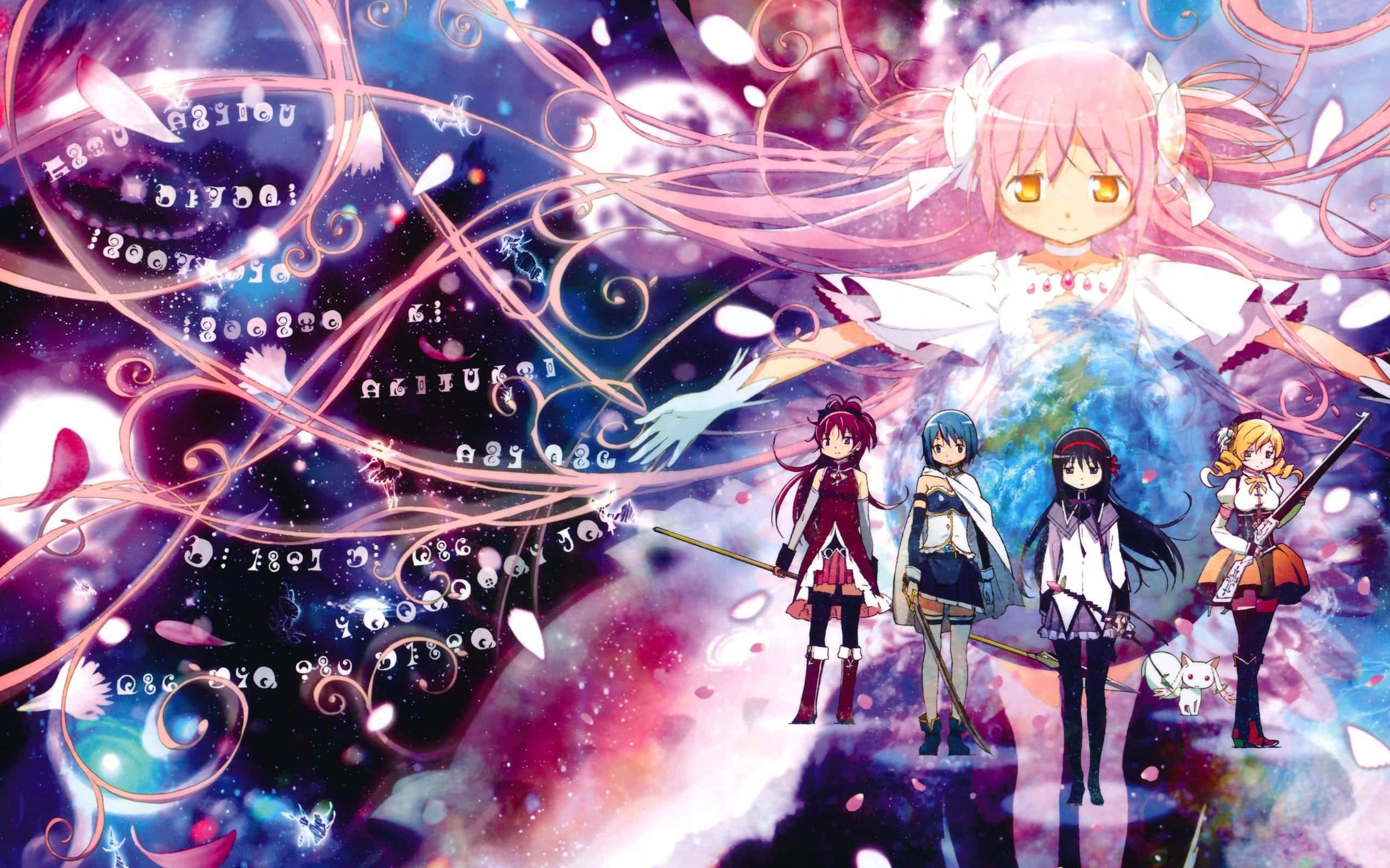 Madoka Magica 桌布 壁紙 — 動畫女孩站在發光的粉紅色頭髮神靈面前，周圍是旋轉的宇宙魔法和漂浮的文字。