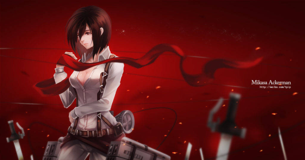 Mikasa Ackerman 桌布 壁紙 — 動畫女孩米卡莎·阿卡曼身穿白色制服，繫著紅色圍巾，配備裝備，站在熾熱的紅色背景前，周圍有漂浮的劍。