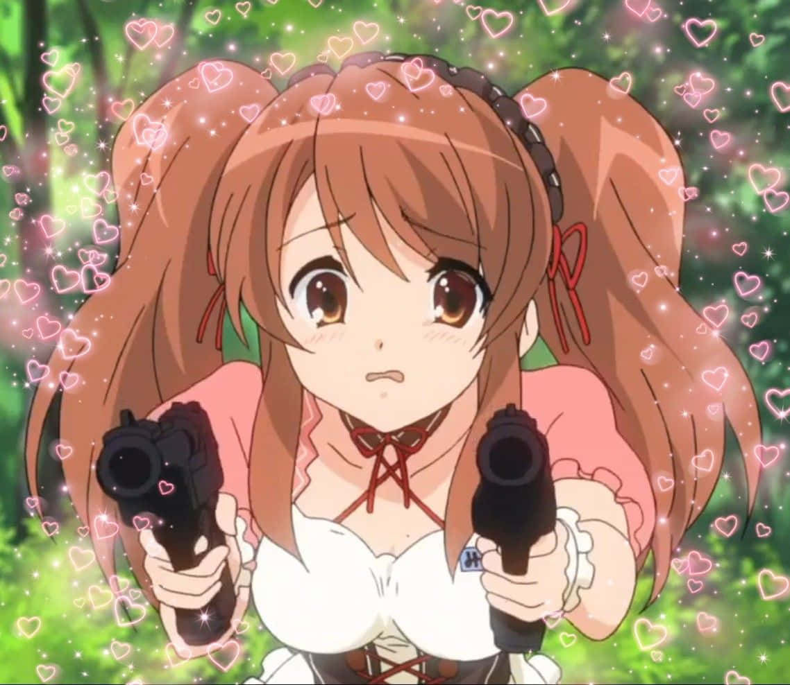 Mikuru Asahina 桌布 壁紙 — 動畫女孩紮著棕色雙馬尾，在茂密的綠色森林中手持兩把手槍，粉紅色的心形在她周圍飄浮。