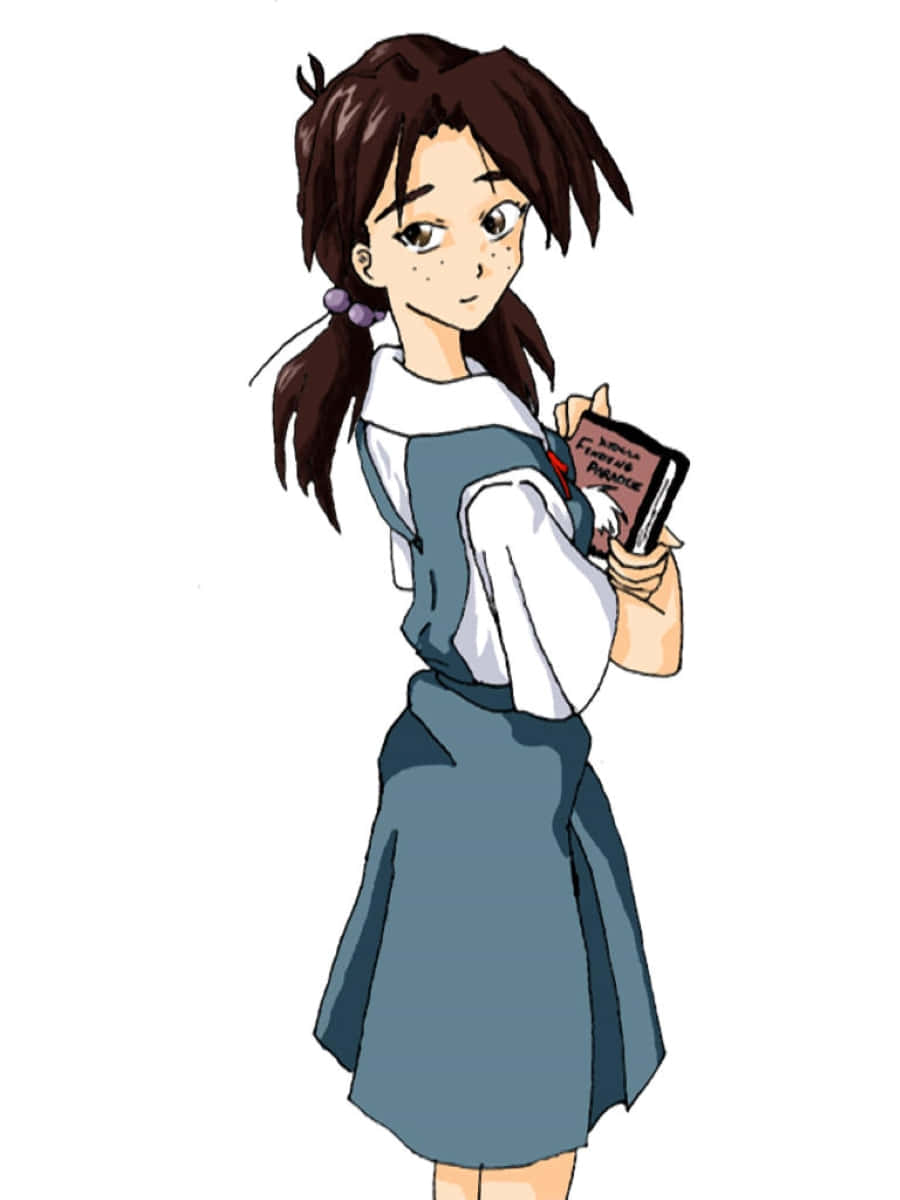 Hikari Horaki 桌布 壁紙 — 動畫女孩紮著棕色雙馬尾，穿著校服，在純白色背景前拿著一本名為 French Practice 的書。