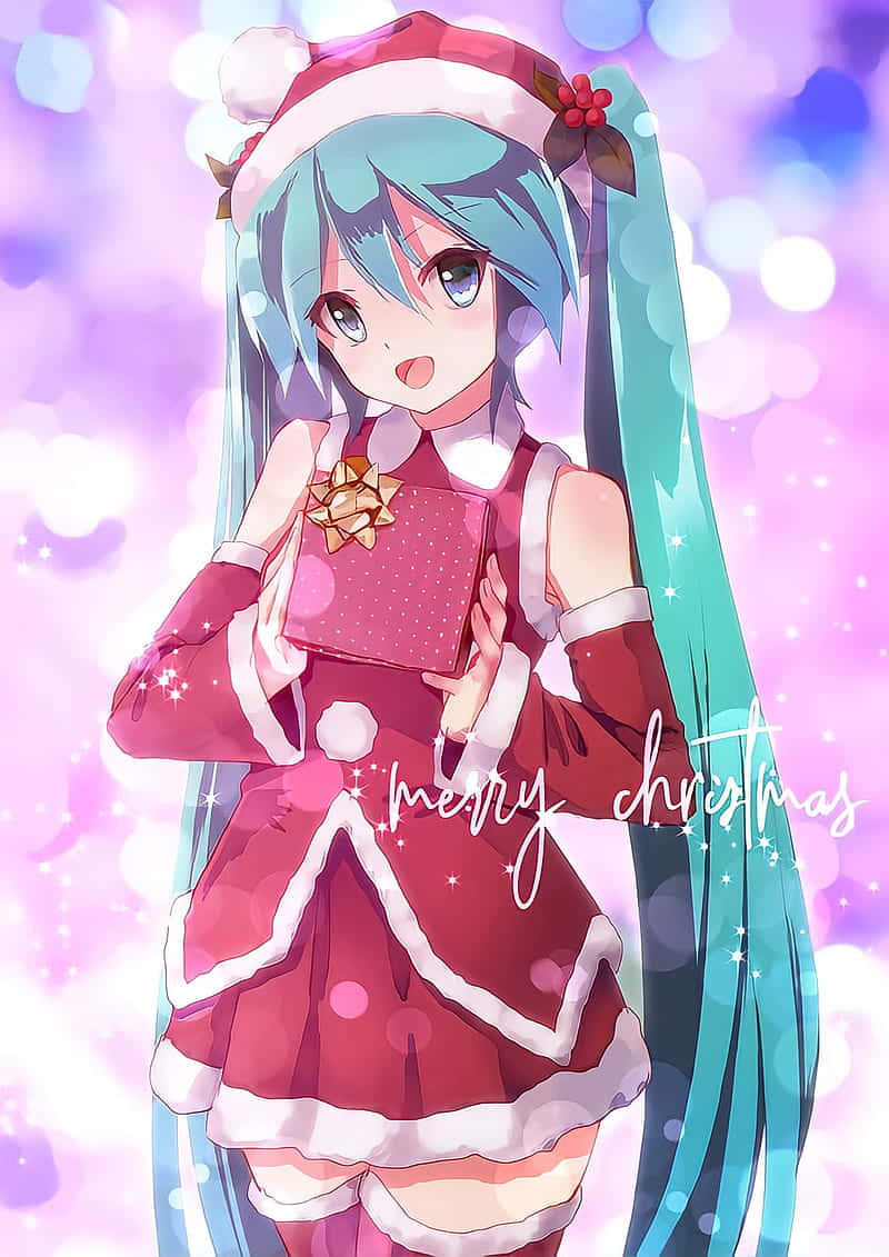 miku 桌布 壁紙 — 動畫女孩紮著藍綠色辮子，穿著喜慶的紅色聖誕服裝，在閃爍的紫色散景背景前拿著禮物。