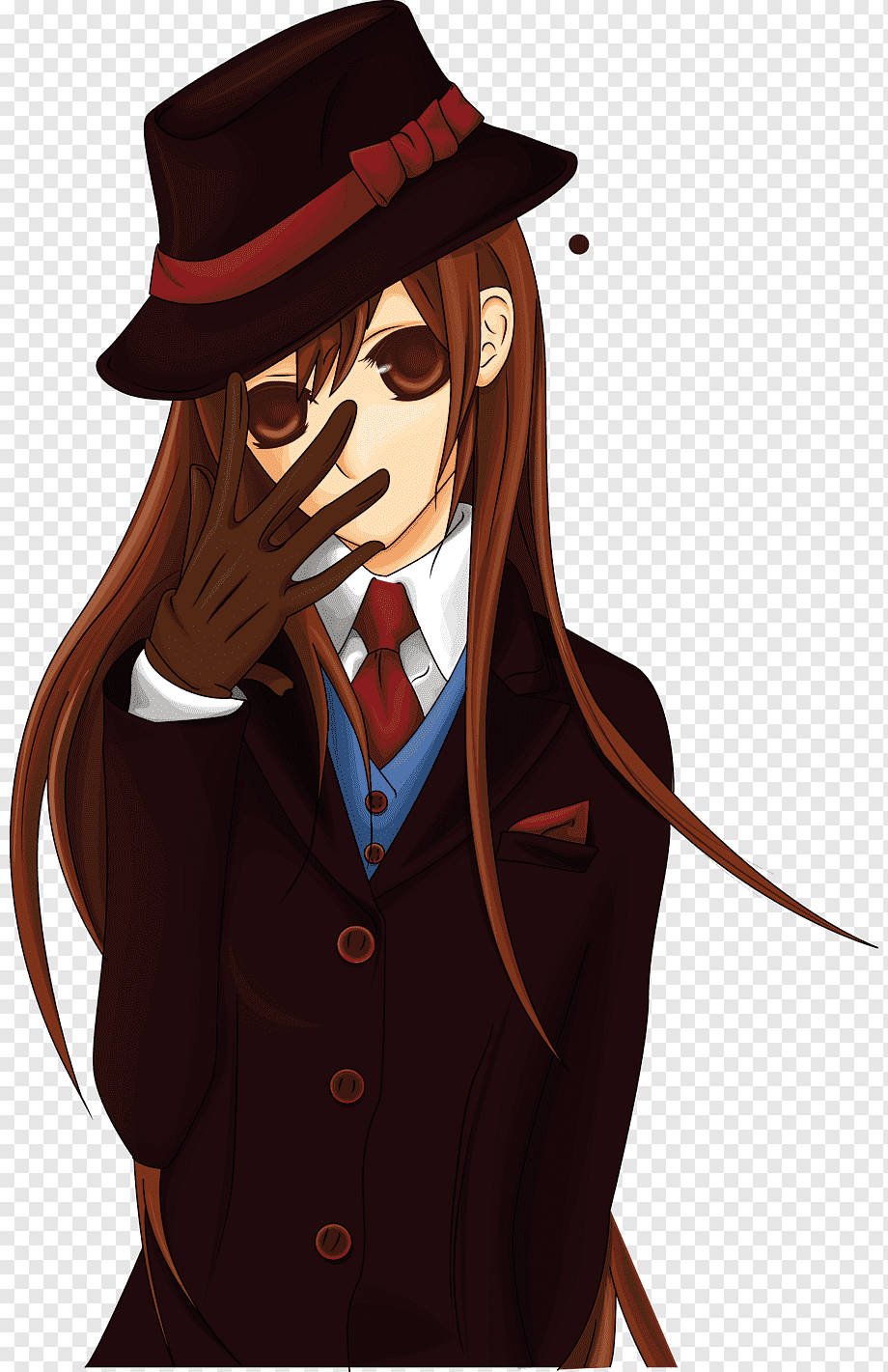 Gangsta Cartoon 桌布 壁紙 — 動畫女孩身穿深色西裝和帽子，戴著手套的手遮住嘴巴，姿勢神秘。