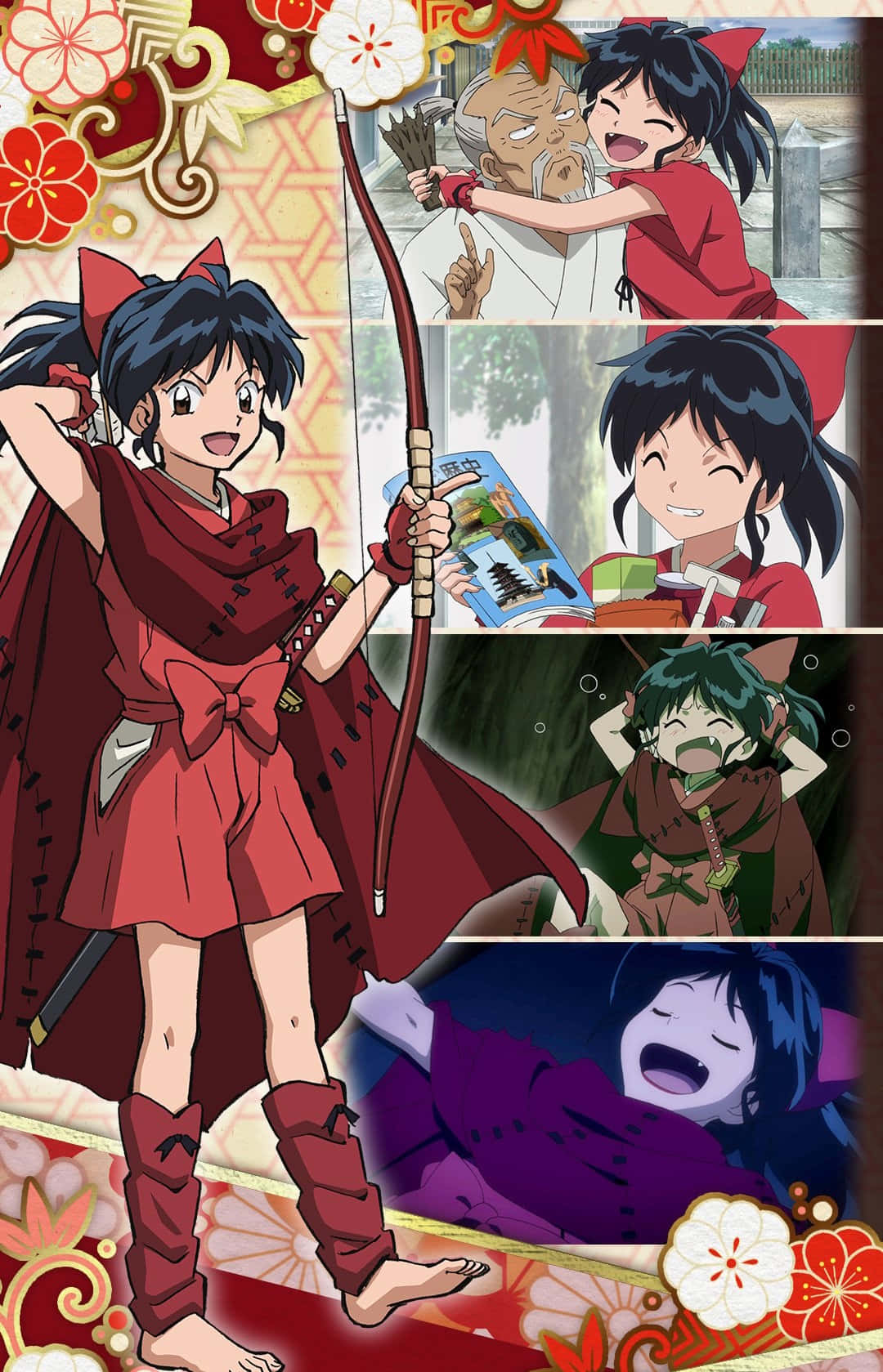 Yashahime 桌布 壁紙 — 動畫女孩身穿紅色和服，手持弓箭，在漫畫格中展現喜悅的表情。