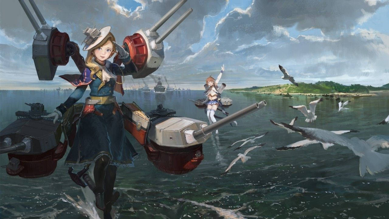 Lane 桌布 壁紙 — 動畫女孩騎著巨大的軍艦炮穿過海浪，海鷗在頭頂飛翔，天空多雲。