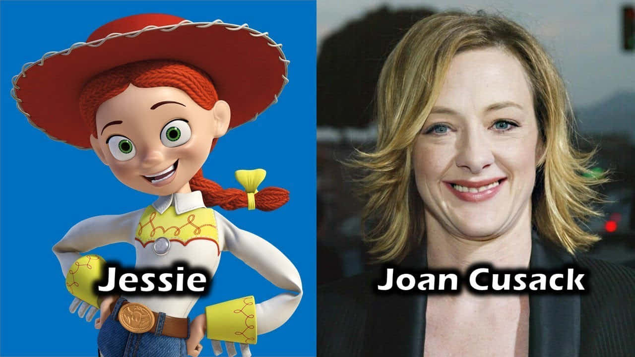 動畫角色Jessie旁邊是演員Joan Cusack，兩人都微笑 — 玩具總動員 GIF 壁紙